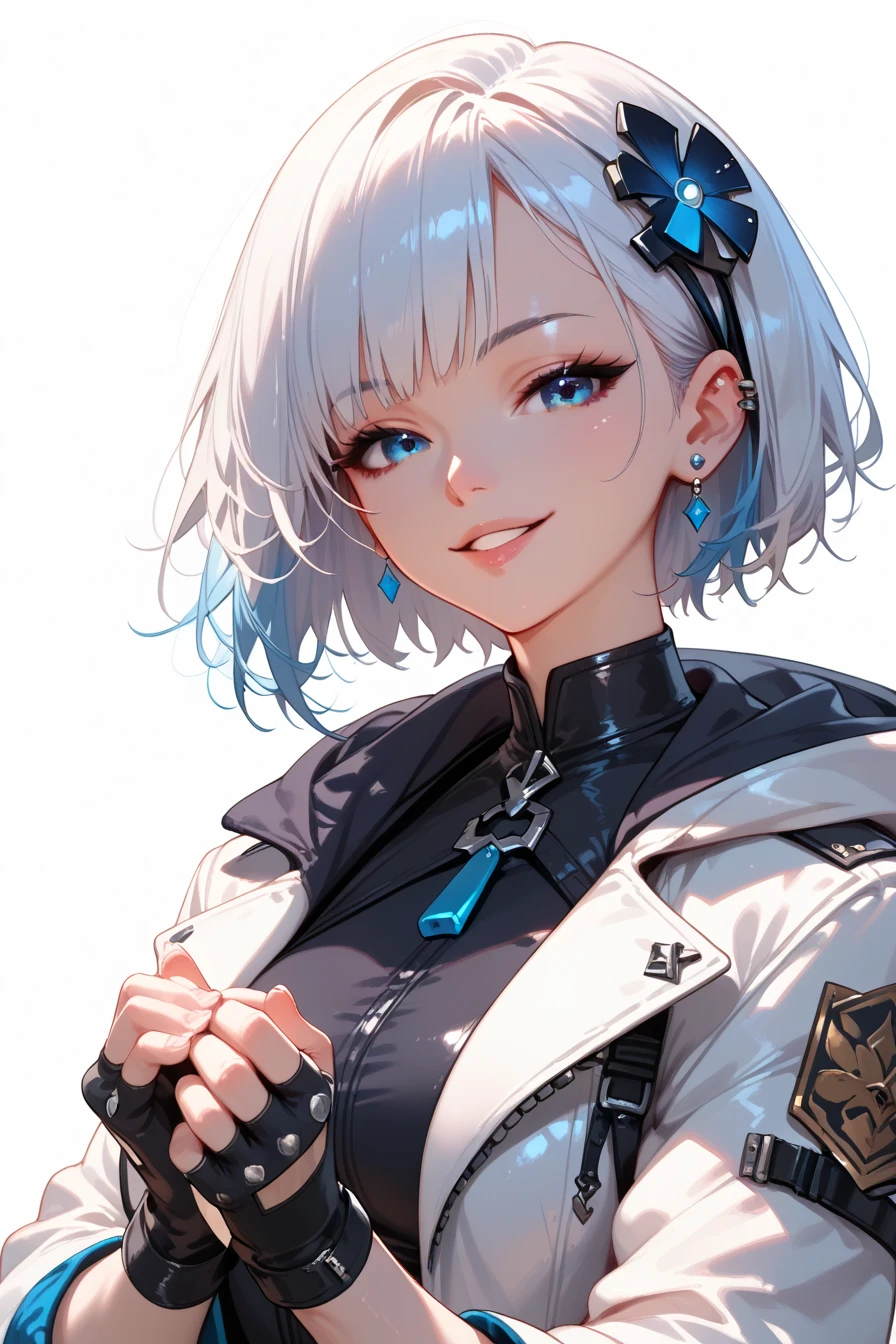 Adult woman, short white hair, high ponytail, blue eyes, blue lipstick, White jacket, Undress, open breasts, teats, Smile, Masterpiece, hiquality