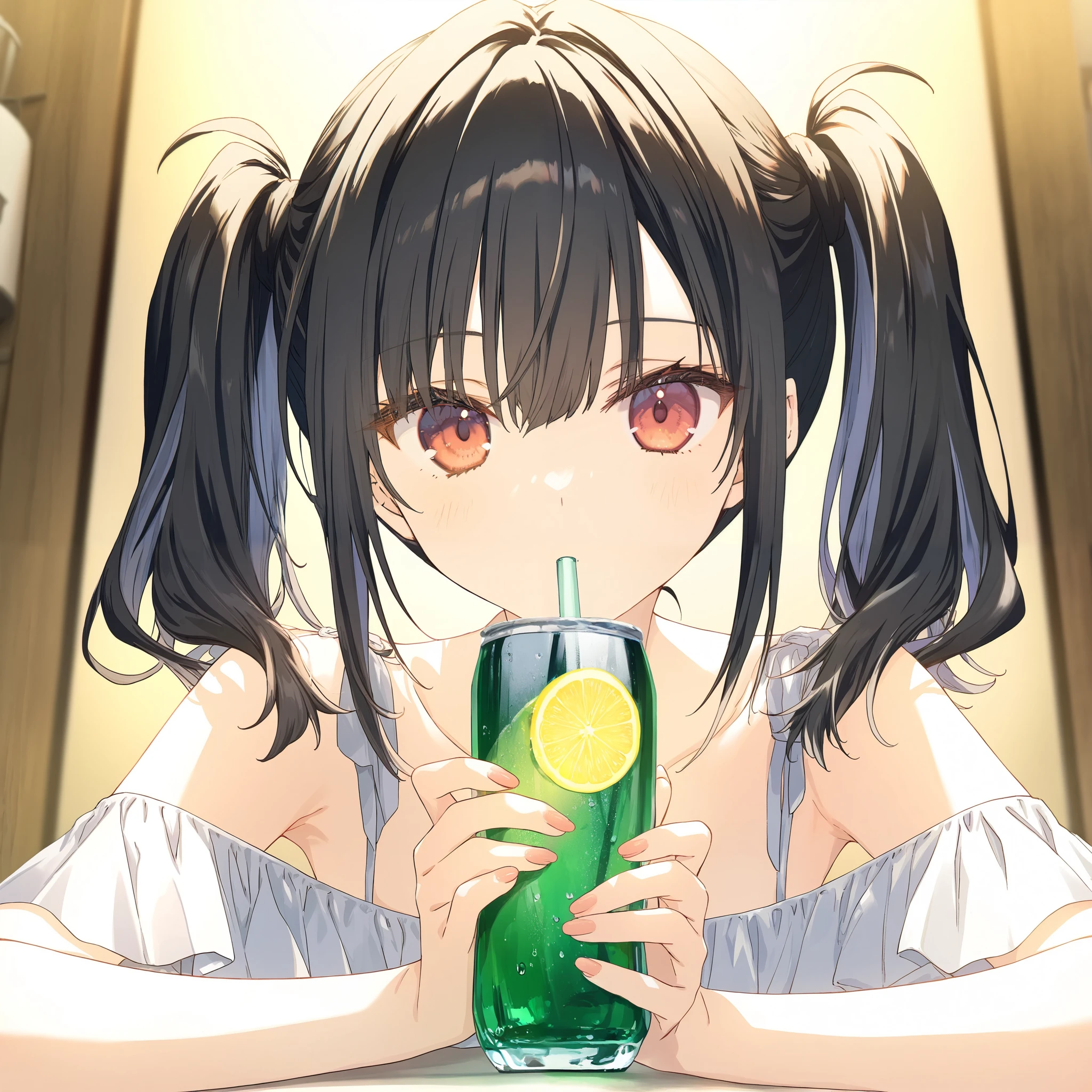 1girl, emotionless, black medium hair, curved hair, beautiful, girl drinking blue lemon soda, bedroom corner, red eye, long twintails out below the medium hair, Medium hair, beachside shoulder length hair,fantasy, game CG, break,(artist:mitsumi_misato),artist:fujiyama,artist:kokonoka, break,(masterpiece), (best quality), (ultra-detailed),(Detailed Lighting), very aesthetic, newest, beauty illustration,super detailed skin, (masterpiece), (best quality), (ultra-detailed), very aesthetic lighting,newest ,hi res,absurd_res,shiny skin,2023, shaded,digital media (artwork), realistic lighting, 16k, 8k,highres, source_anime, official_art, photoshop_(medium)