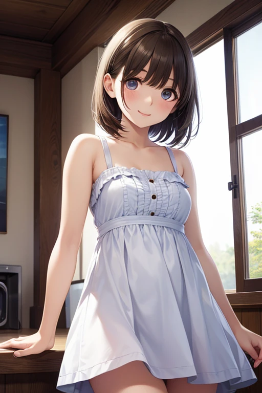 very cute and beautiful girl standing near window,frilled white sun dress with detailed lace,(skirt lift,white panties),
(highly detailed beautiful face and eyes:1.2),antique hotel bedroom with outside view,distant trees and ocean,
cowboy shot,smile,blush,medium hair,black hair,dynamic angle,(best quality,masterpiece:1.2),(intricate details),ultra-detailed,cinematic scene,
extremely detailed,highres,solo,natural lighting,light particles,beautiful detailed sky,