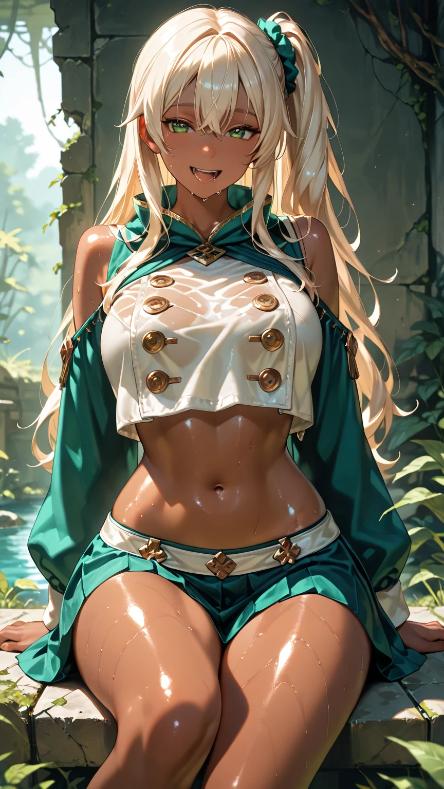 1 girl, solo, Big round breasts, curvy hips, hourglass waist, realistic, bright blonde hair, light green eyes, amazing big eyes, eye details, eyebrow details, crop top, pink skirt, parted lips, blush, confident, dominant, bdsm, smirk, naughty, mischevious face, HD, good quality 
