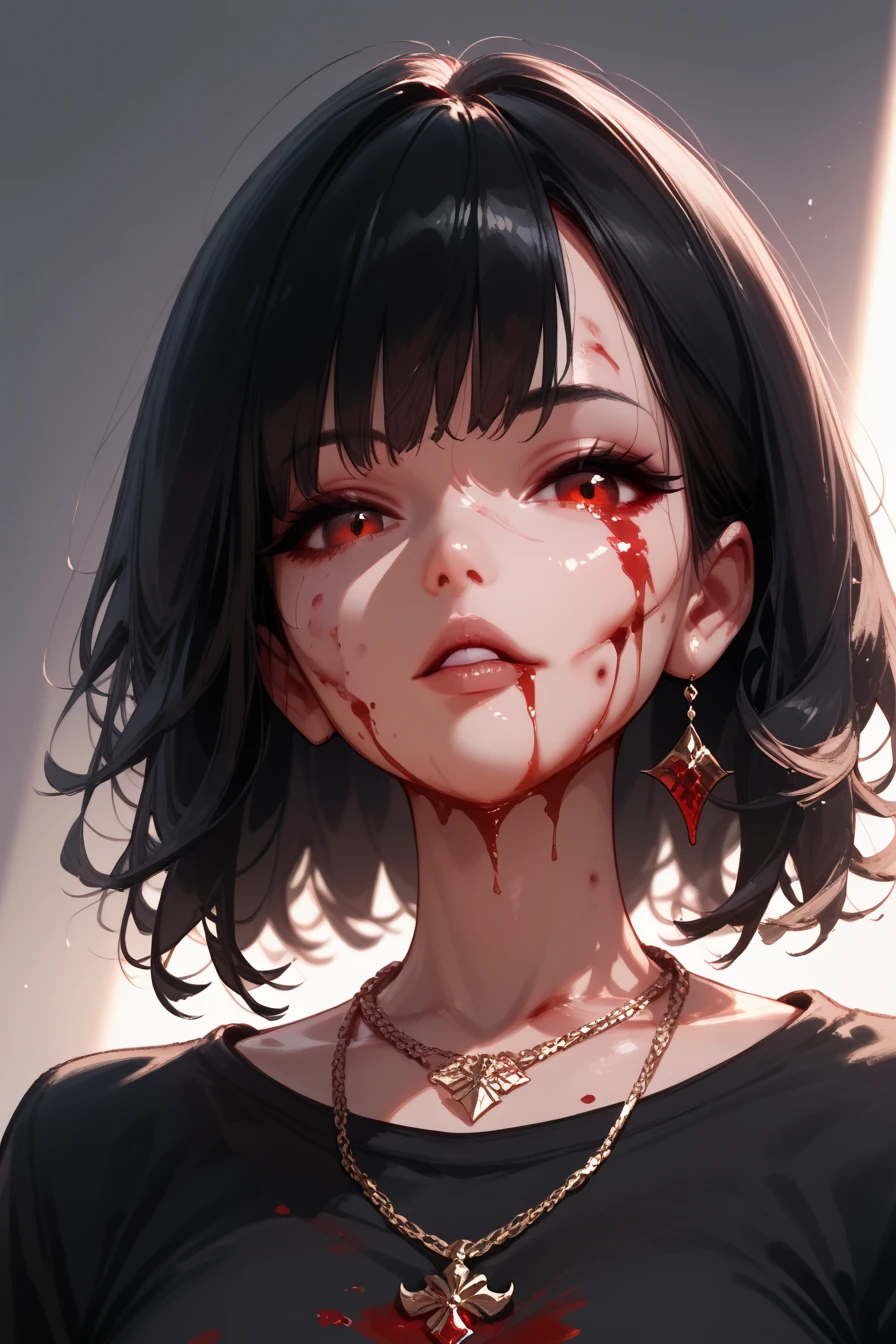 1boy, black hair, short shaggy hair, hair between eyes, earrings, jewelry, long sleeves, male focus, looking at viewer, solo, red eyes, smug, facing viewer, saliva drip, tongue, off shoulder, black sweater, sleeves past wrists, house interior, from below , (blood on face:1.1), blood, blood on clothes, <lora:hotarueye_hosome1_v100:0.5>, <lora:mazav1C:0.7>