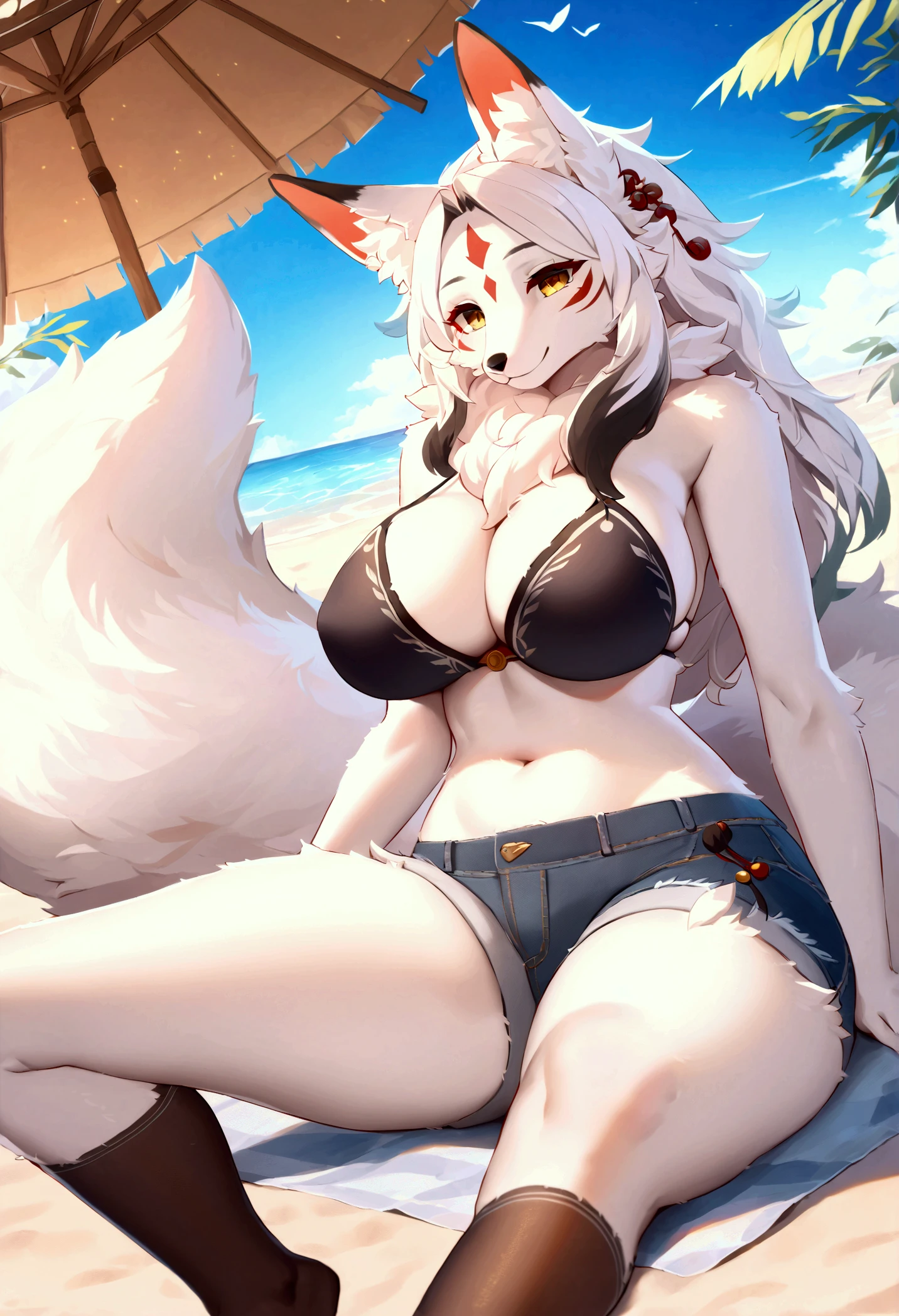 (1girl:1.3), Solo, __body-parts__, Official Art, high quality, beautiful, film grain, sexy, silver hair, white frilled bikini, white bikini, white choker, white strings, large breast, see-through, multiple tails, navel, frill, fox girl,, front-tie top, tront-tie bikini, closed mouth, thighs, white tails, bare shoulders, kitsune, sitting, looking at viewer, closed lips, delicate lips, detached sleeves, cleveage, smile, fox ears, beach, full body, bare legs, bare feet, hidden hands, hands behind body, beautiful hands, detailed fingers, beautiful eyes