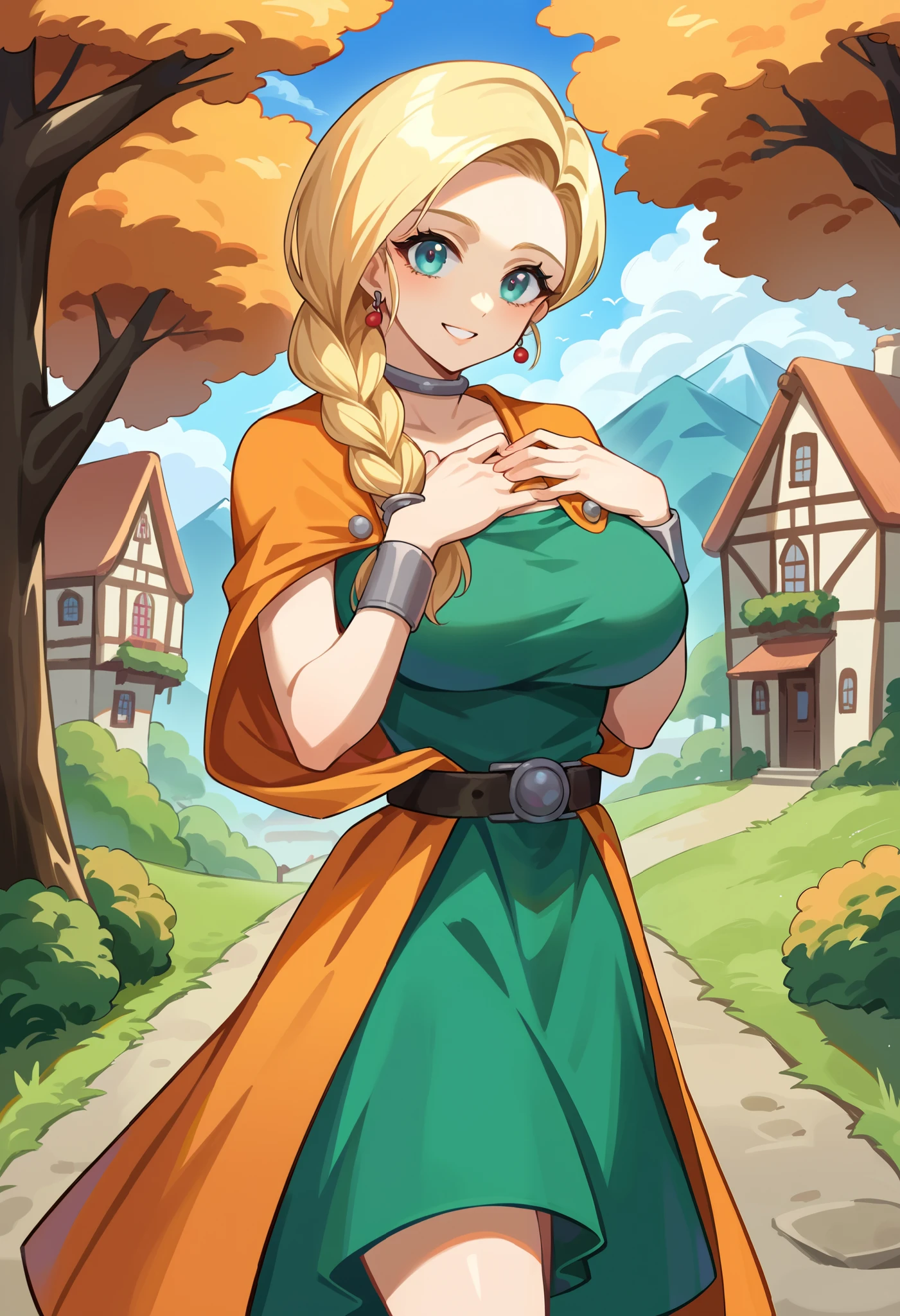 score_9, score_8_up, score_7_up, source_anime BREAK 1girl, solo, dqBianca, single braid, hair over shoulder, earrings, choker, orange cape, green dress, belt, ultra large breasts, happy, looking at viewer, village, autumn, waist up, hand on own chest, outdoors, trees, medieval house, chimney, mountain in back ground,