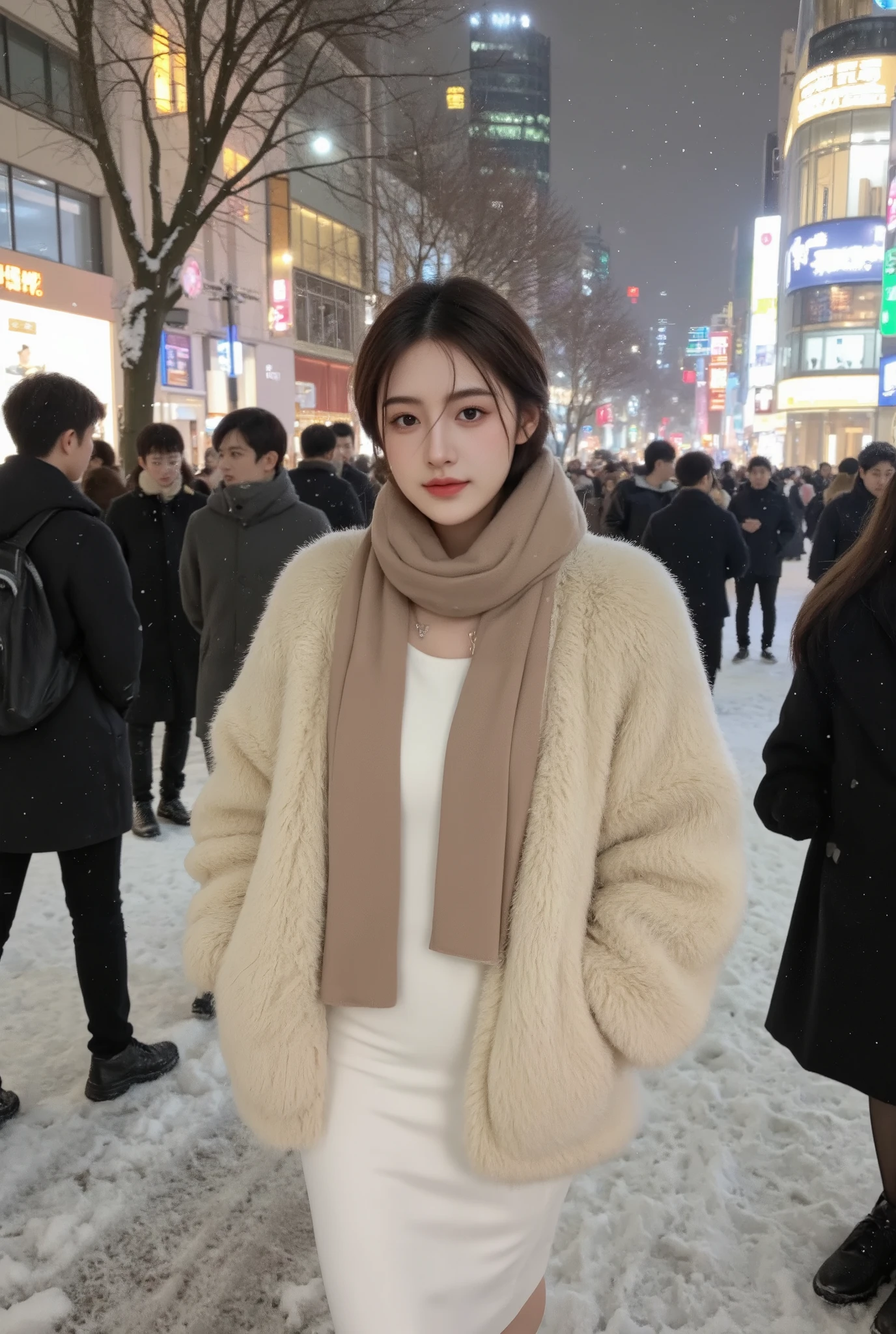 "A stunning Korean ulzzang model and influencer walks gracefully through a bustling snowy street in Korea, surrounded by people. She wears an elegant white wool dress, a beige scarf wrapped around her neck, and a stylish cropped fluffy beige cardigan. Snowflakes gently fall around her, adding a magical winter atmosphere. The city lights reflect on the snow-covered streets, creating a dreamy yet vibrant urban scene. The moment captures luxury winter fashion with a touch of K-fashion elegance and urban charm."