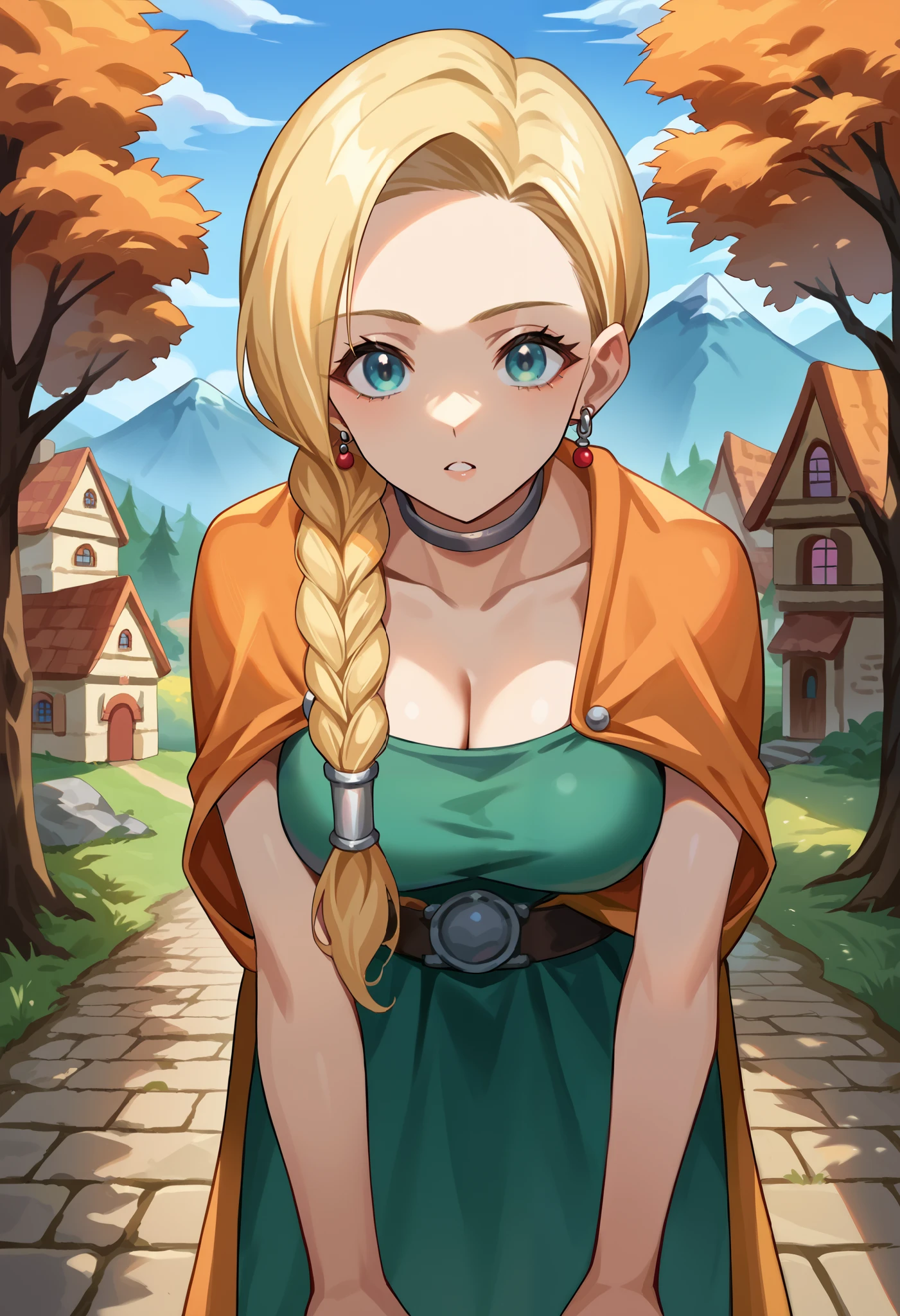 score_9, score_8_up, score_7_up, source_anime BREAK 1girl, solo, dqBianca, single braid, hair over shoulder, earrings, choker, orange cape, green dress, belt, ultra large breasts, looking at viewer, village, autumn, waist up, outdoors, trees, medieval house, chimney, mountain in back ground, down blouse, leaning forward, bending upper body deeply to viewer,
