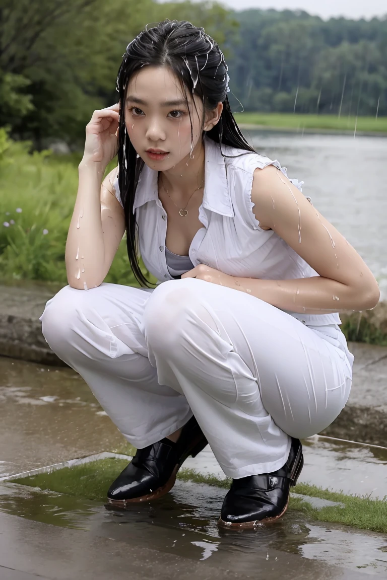 best image quality, masterpiece, super high resolution, (fidelity:1.4), photo, 1 girl, white shirt, torn jeans, white sneakers, dim, (wet clothes:1.4), bare shoulders, real rain, wet hair, enjoy enjoy in rain, fun , fun in raining, girl enjoying the rain,
