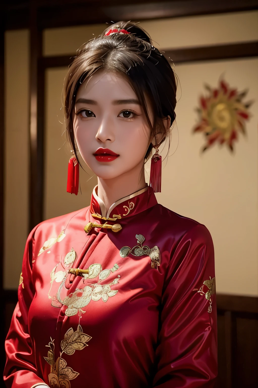 1girls,shrubs,Girl-Girl,china dress,Red Chinese Clothing,Blunt haircut,(masterpiece:1.4),(bestquality:1.4),(oily shiny skin),Red lips,looking at the audience,Big breasts,cleft lip, Upper body,