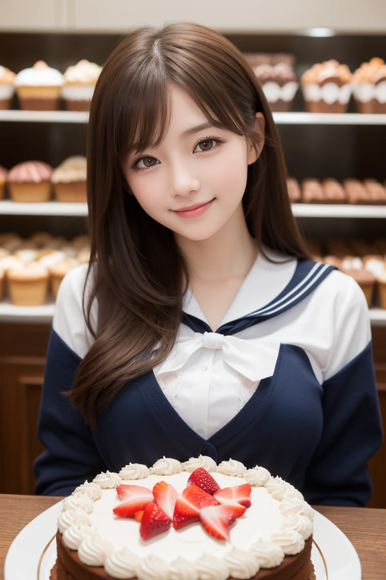 (masterpiece), cute girl, holding birthday cake, a banner with title "TIUS"