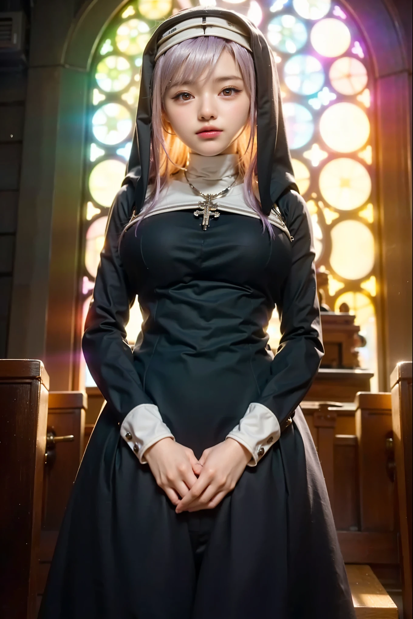 (Completely live action:1.37), (Amazingly realistic textures:1.37), (masterpiece, best quality:1.2), (8k uhd, 16k, 32k, ultra high res), amazingly realistic skin, amazingly realistic photo, superrealism, (photorealistic:1.37), (RAW photo), ultimately realistic, (ultimately realistic all details), (ultimately realistic all textures), super realistic lighting, super realistic shadow, (japanese girl:1.5), ((young face)), smiling, happy, super realistic face, ultimately realistic skin, ultimately realistic eyes, (mascara:1.35)ultimately realistic background, ultimately realistic detail up, kkw-ph1, ((drooping eyes, cyberpunk-style cyborg girl, amazingly intricate details, Anatomically perfect hands, mechanical body, silver knight armor, ultra glossy texture, purple hair))