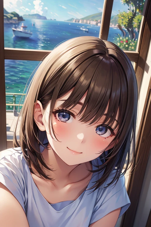 pov,(selfie:1.2),phone_screen,head_out_of_frame, shooting from above、 Realistic, real person, RAW photo, photorealistic, portrait photography, shiny skin, japanese idol、A 25-year-old woman with medium-long hair with bright chestnut bangs.、(wearing an orange off-shoulder blouse:1.5)、sitting、shy, (Smiling embarrassedly:1.5), blush, open mouth, Alone、The background is the living room