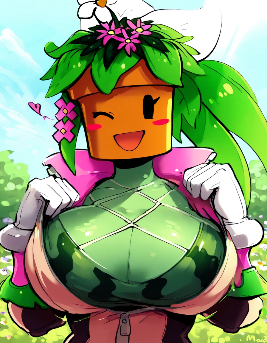 Kanna Blaster Master, floral fauna, female, fully clothed), toon, huge chest, smile, green hair, long dress, whole body, smile, open mouth, long hair, portrait, walking