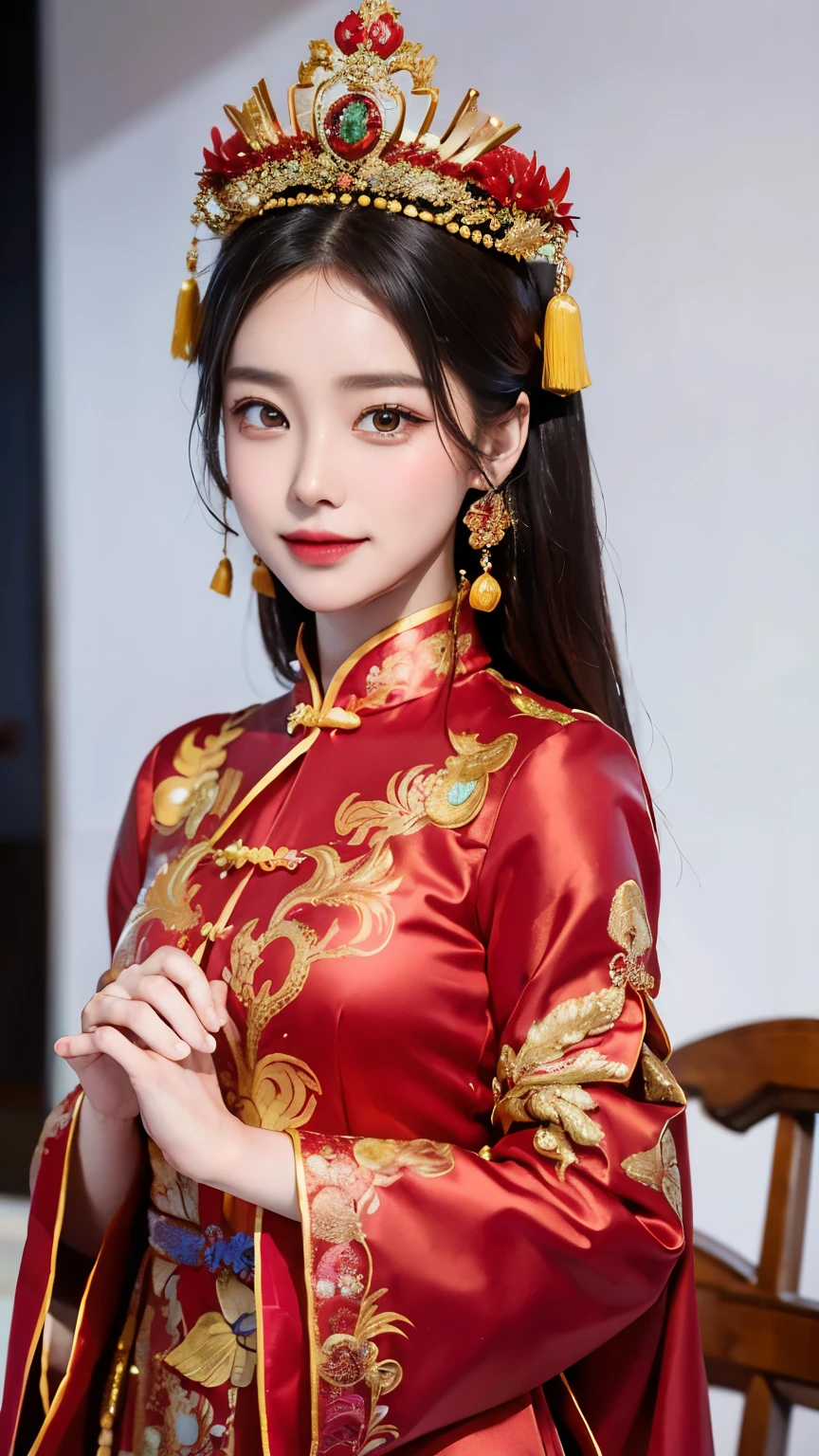 (8k, RAW Photo, Best Quality, Masterpiece: 1.2), (Realistic, Realistic: 1.37), 1 Girl, Woman in Red Dress and Headdress Posing for Photo, Gorgeous Role Play, Beautiful Costume, Chinese Dress, Complex Dress, Complex Costume, Traditional Beauty, Gorgeous Chinese Model, Chinese Costume, Wearing Gorgeous Costume, Wearing Elegant Chinese Xiuhe Dress, Chinese Wedding Dress, Phoenix Crown Xia Hanging, Antique Bride, Xiuhe Costume, Close Up, Wearing Phoenix Crown, Smile, No Watermark, Dragon and phoenix embroidered dress