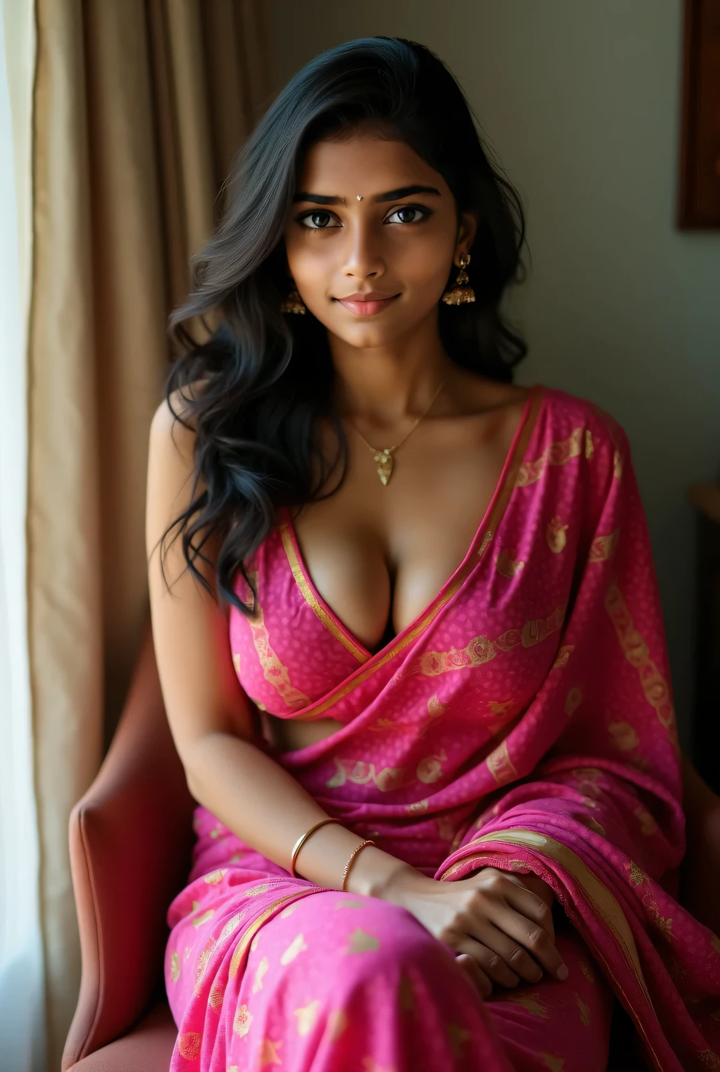 20 years old extremely beautiful dusky Tamil girl (three piece suit), (bangles earrings necklace wrist watch), (((round deep navel))), standing inside bedroom, eyes symmetry, face symmetry, (best quality, ultra-detailed:1.6), colorful scene, bright color palette, playful atmosphere, vibrant colors, cute expressions, joyful laughter, body reflecting light, back lit, refreshing ambiance, happy face, natural lighting, lively mood, (intricate detailing:1.6 faces & eyes & ears & nose & lips & skin & curves & round deep navel & midriff & body parts)