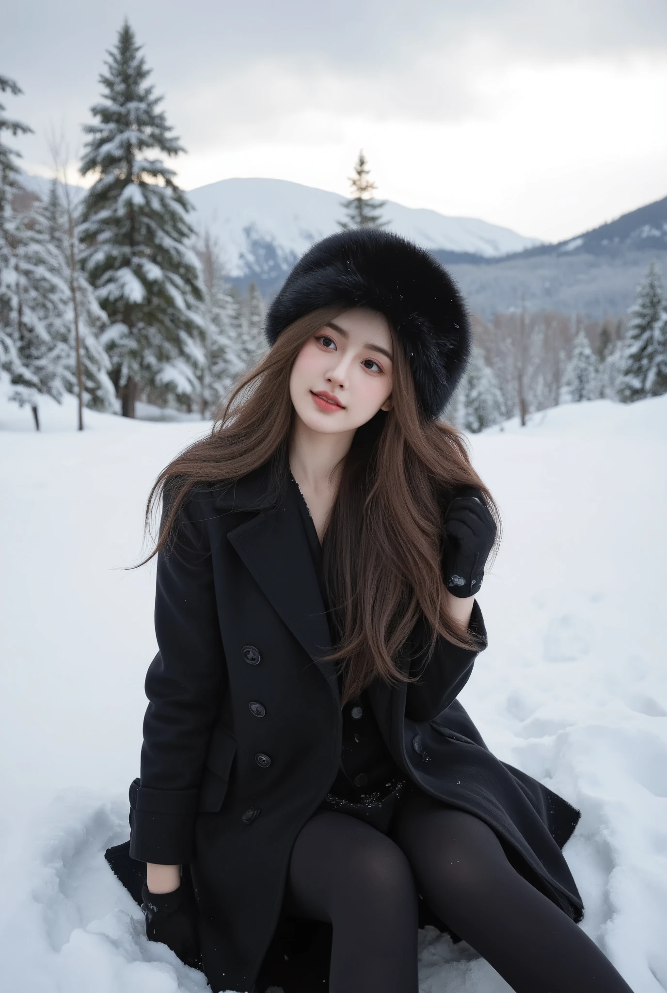 /imagine prompt: A beautiful woman sitting in deep snow, smiling radiantly. She wears a stylish black winter coat, black gloves, and a fluffy black fur hat. Her long brown hair flows naturally, complementing her warm and happy expression. The snowy landscape around her is pristine, with tall snow-covered trees and distant mountains in the background. The overcast sky casts a soft, diffused light, enhancing the serene winter atmosphere. Snowflakes rest gently on her coat, adding to the cozy and elegant aesthetic. Ultra-detailed, cinematic lighting, high resolution, winter fashion photography --ar 4:5 --v 6.0