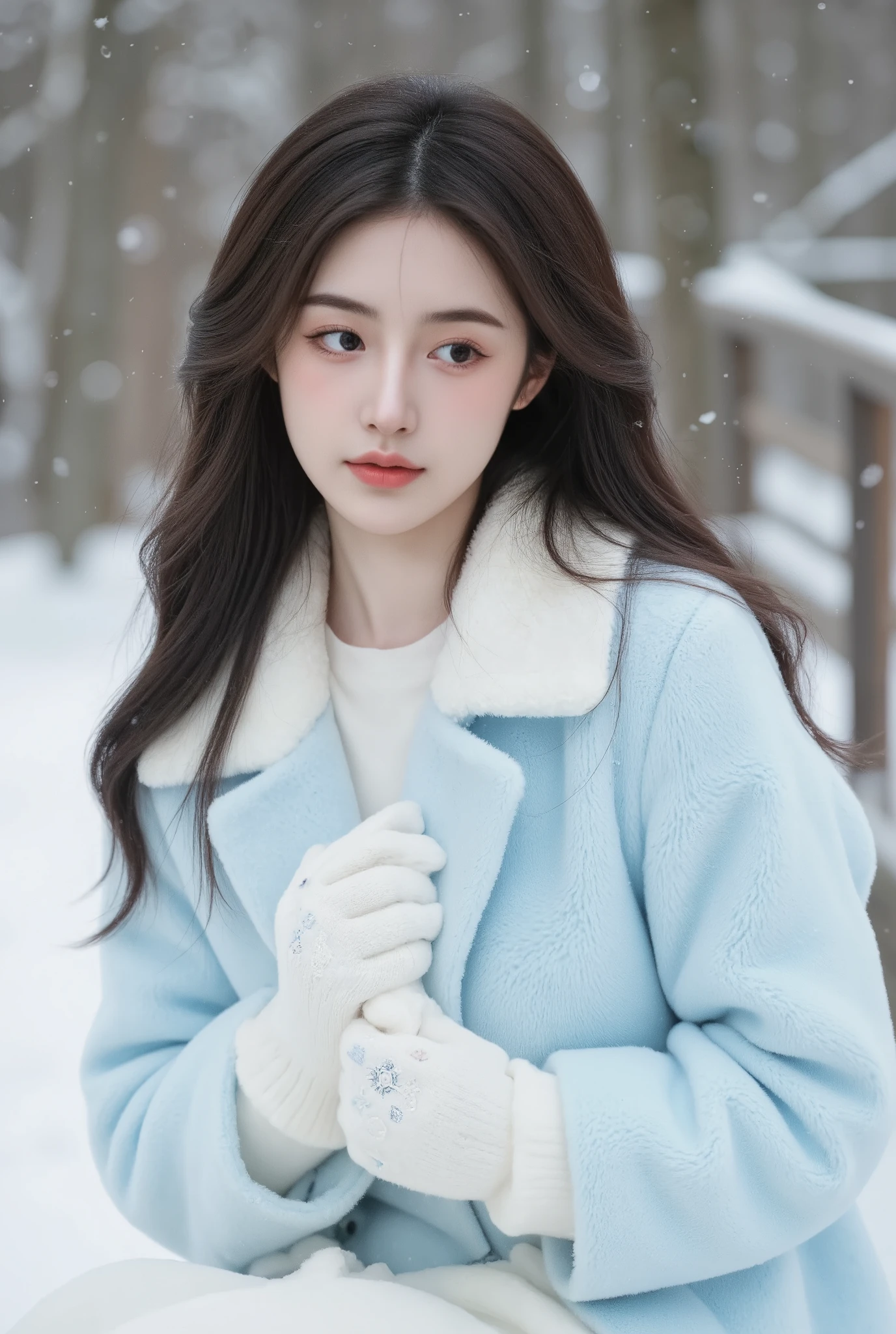 /imagine prompt: A young, beautiful girl with long, dark hair flowing over her shoulders, wearing a pastel blue winter coat with a soft white fur collar. She sits gracefully in a magical winter scene as snowflakes gently fall around her, with a dreamy expression and a touch of innocence on her face. She wears cozy white gloves with delicate embroidery. The background is slightly blurred, featuring a wooden fence and snow-covered trees, creating a serene and natural beauty. Soft lighting, cinematic focus, high-detail realism, warm feeling in the cold, artistic portrait, harmonious cool tones --ar 2:3 --v 6.0