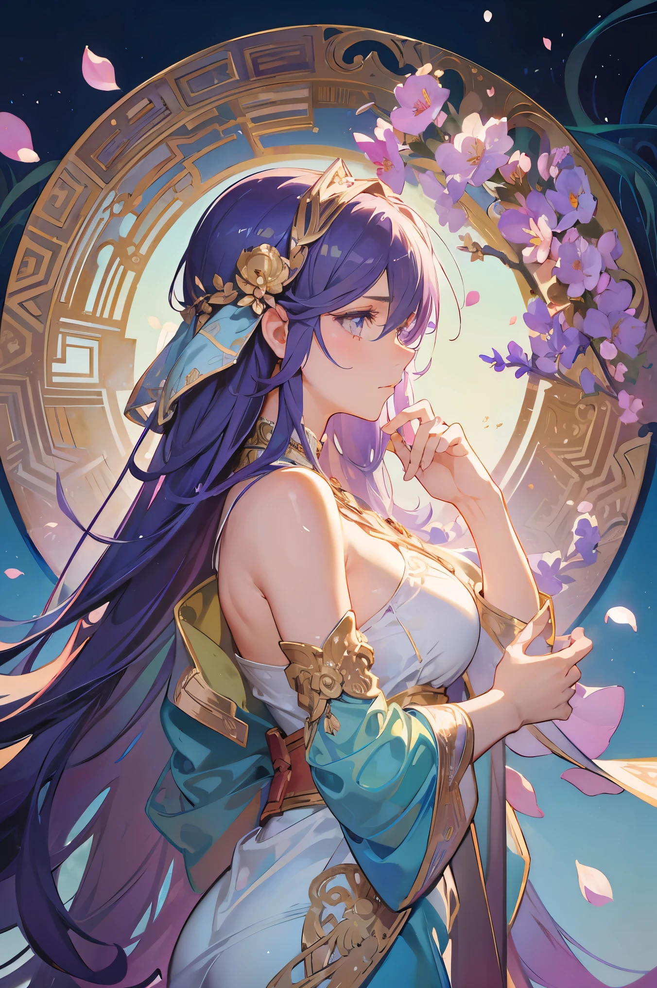 by Alfons Mucha, Art Deco, UHD, accurate, ((masterpiece)), ((high details)), high quality, textured skin, Floral prints, lavender hair, Alfons Mucha-style posters, beautiful profile, Background (scattered petals), Gorgeous dress, from side, cute, Divinity, Serenity, A beauty that captivates the viewer, upper body, cowboy shot, Long eyelashes, watery eyes, sad expression, Looking down