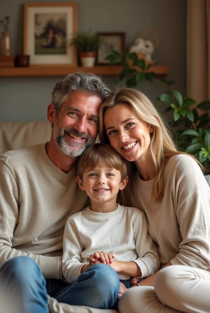 A stylish and well-groomed middle-aged man, embodying the essence of "Ikemen" (イケオジ), is enjoying a joyful day with his family. He has salt-and-pepper hair, a neatly trimmed beard, and is dressed in a casual yet fashionable outfit that enhances his confident and youthful appearance. He is playing with his children in a modern, cozy living room filled with light and warmth. His wife, equally stylish, is sitting nearby, watching with a smile as their children, a boy and a girl, laugh and play. The scene captures a moment of happiness, love, and togetherness, with a focus on the man's charismatic presence and the strong family bond. The room is tastefully decorated, with subtle, modern decor that reflects the family’s sophisticated taste. The overall atmosphere is one of comfort, joy, and family harmony.