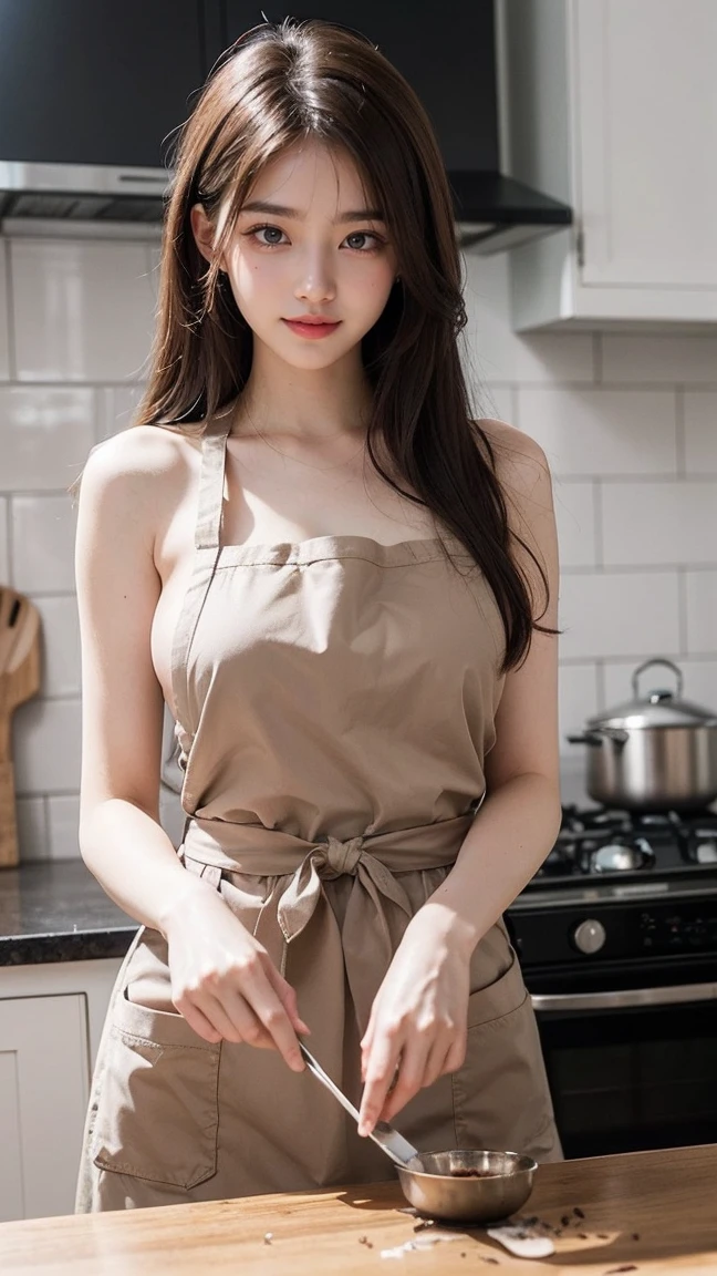 (top quality, 8k, masterpiece: 1.3), beautiful woman with perfect figure: 1.4, dark brown hair up to the shoulders, naked and wearing (pink apron), in the kitchen, very detailed face and skin, detailed eyes, double eyelids, beautiful small breasts, , smiling,