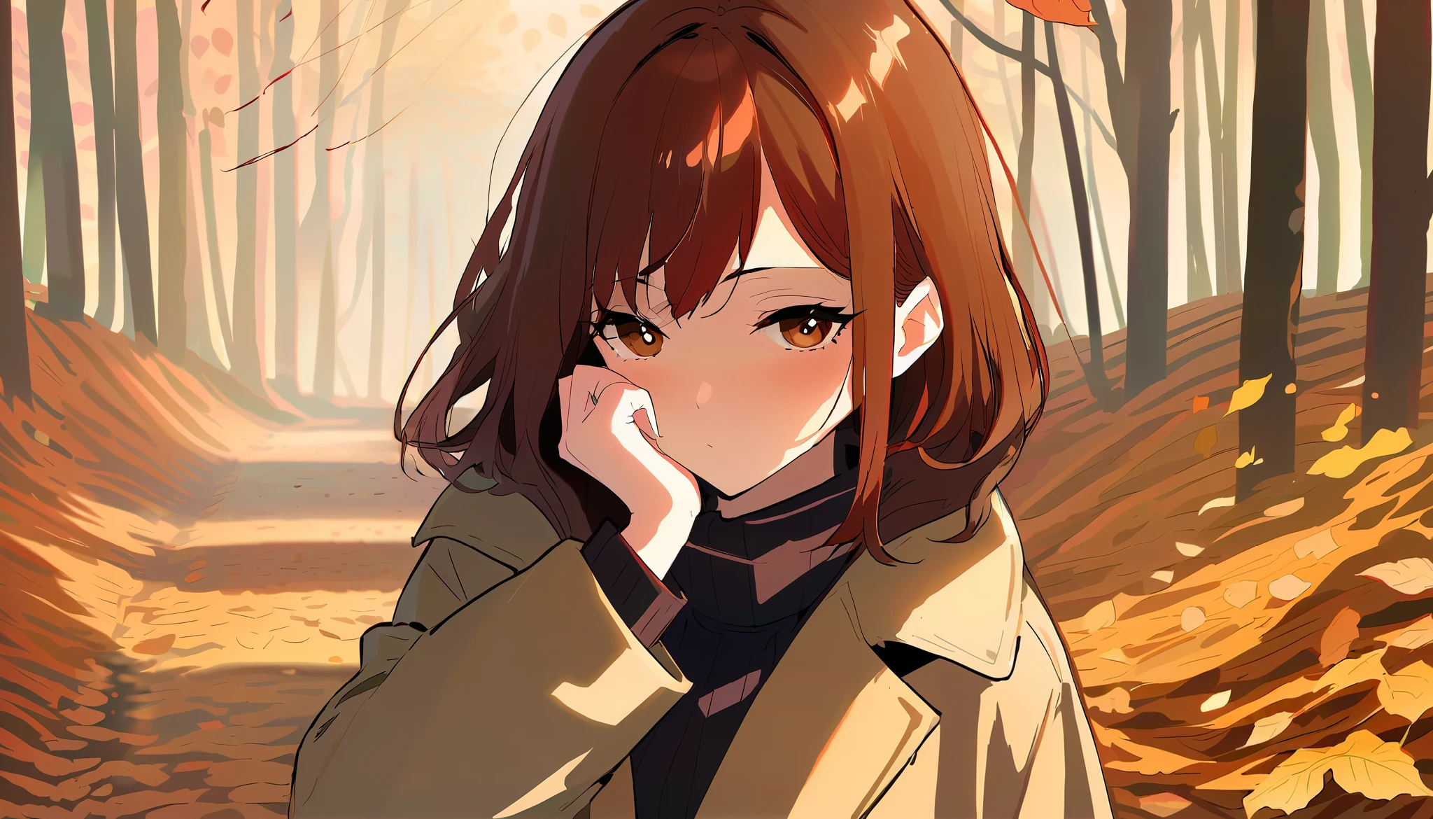 A woman in a beige duffle coat, unbuttoned, reddish-brown medium hair, long eyelashes, brown eyes, black pleated mini skirt, path of fallen leaves, lost in thought, looking at the viewer,
The warmth remaining on her fingertips
is swept away by the cold air
A quiet sigh sews through the words exchanged
Deep in their final exchange of glances
I wanted to convey something