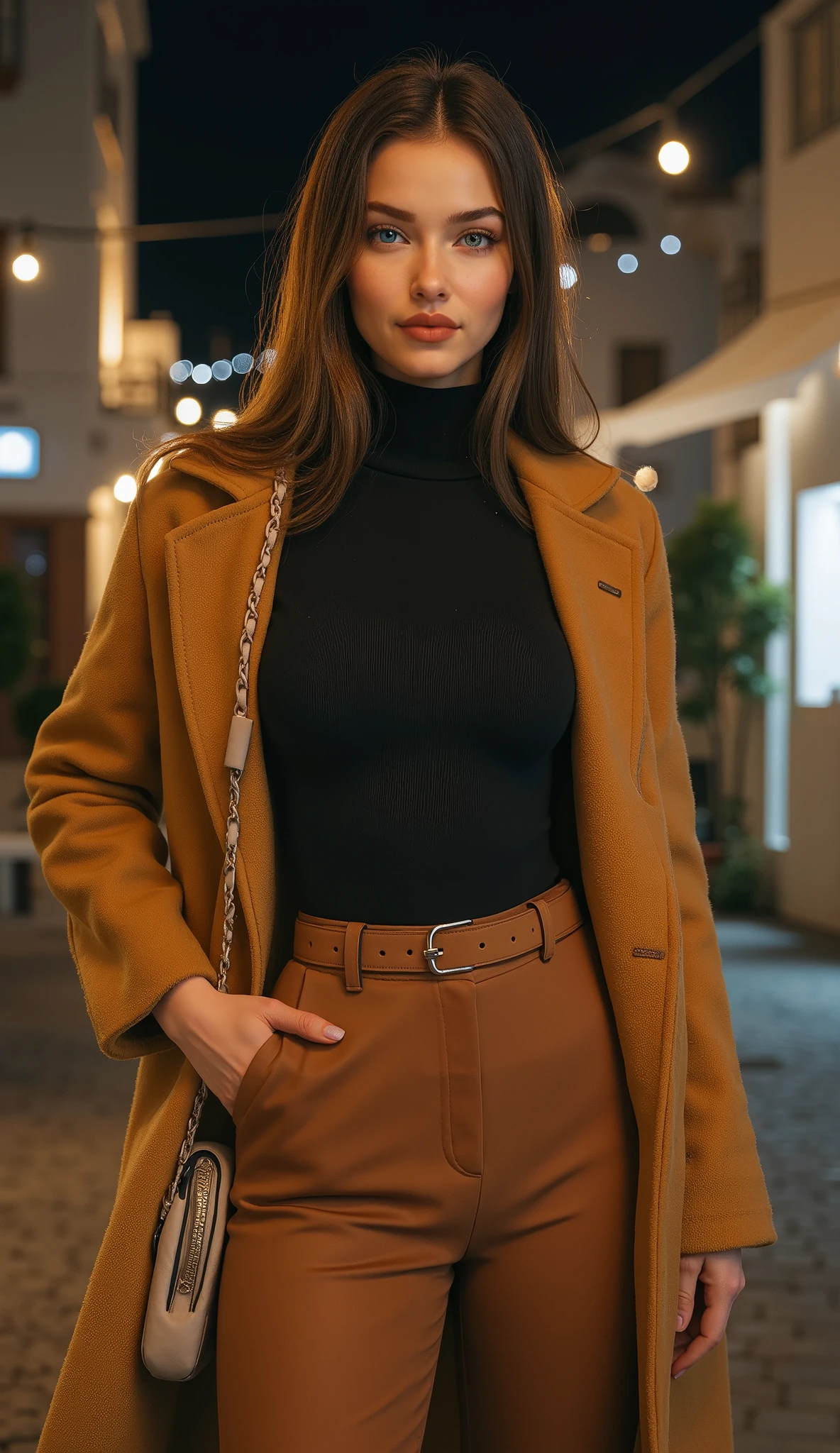 Beautiful sweet girl, beautiful city at night in Greece, Beautiful detailed face, neat face, beautiful hairstyle , blue eyes, smile, slim figure, beautiful arms , expensive coat, buttons, turtleneck, beautiful brown pants, belt, handbag, suspension, Model, fashionable clothes, scarf, hat, neat manicure, European appearance, suitable colors, architecture, realistic, high detail , realistic анатомия, in high quality, best quality, high detail , Very detailed