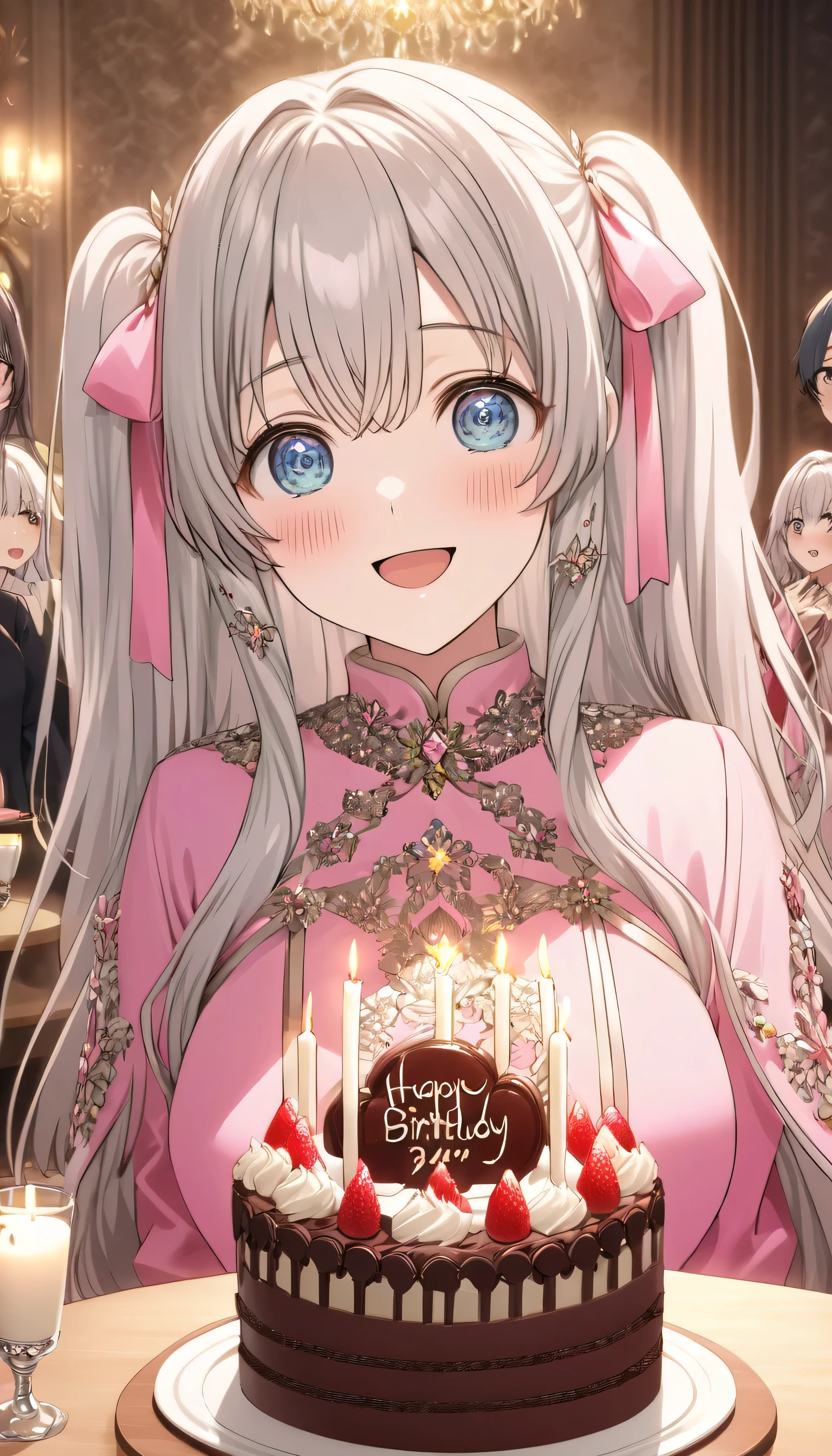 ((ultra-detailed)), (highly detailed CG illustration), (best quality:1.2), ultra-highly detailed, colorful composition, artistic photoshoot, 1girl, solo focus, ((upper body:1.4)), moe anime character,  girl, dainty facial structure, (bab(round face), ((rounded chin:1.2)), ((ideal ratio body proportions)), celia-default, celia claire, (blue eyes), sparkle eyes, silver hair color, two side up, ((hair ribbon with pink)), ((pink semi formal dress with gold decorations)), ((surprised)), ((excited)), (happy), (joyful), (open mouth), ample breasts, best quality, masterpiece, ((chocolate birthday cake on the table:1.4)), best quality, masterpiece, ((sitting in a luxurious decorative room at the birthday party)), ((room where many candles shine)), from front, expecting, pink cheek, blush, light pink gloss slip, portrait, depth of field, soft lighting, sidelighting, (shine), lighting, caustics, ray tracing, smile, perfect face, lustrous skin, highly  detailed face, highly detailed eyes, perfect face, perfect nose, perfect hair, perfect eyes, perfect anatomy, beautiful hair, beautiful small face, extremely detailed face, beautiful detailed eyes, beautiful clavicle, beautiful body, beautiful huge breasts, leavage, breasts squeezed together, equalize the size of the left and right breasts, beautiful fingers, 4 fingers, 1 thumb, lovely, (very detailed background:1.0), (highly detailed background:1.0), spring aesthetic, intricate details, festive atmosphere, joyful atmosphere, spring colors palette, chromatic aberration