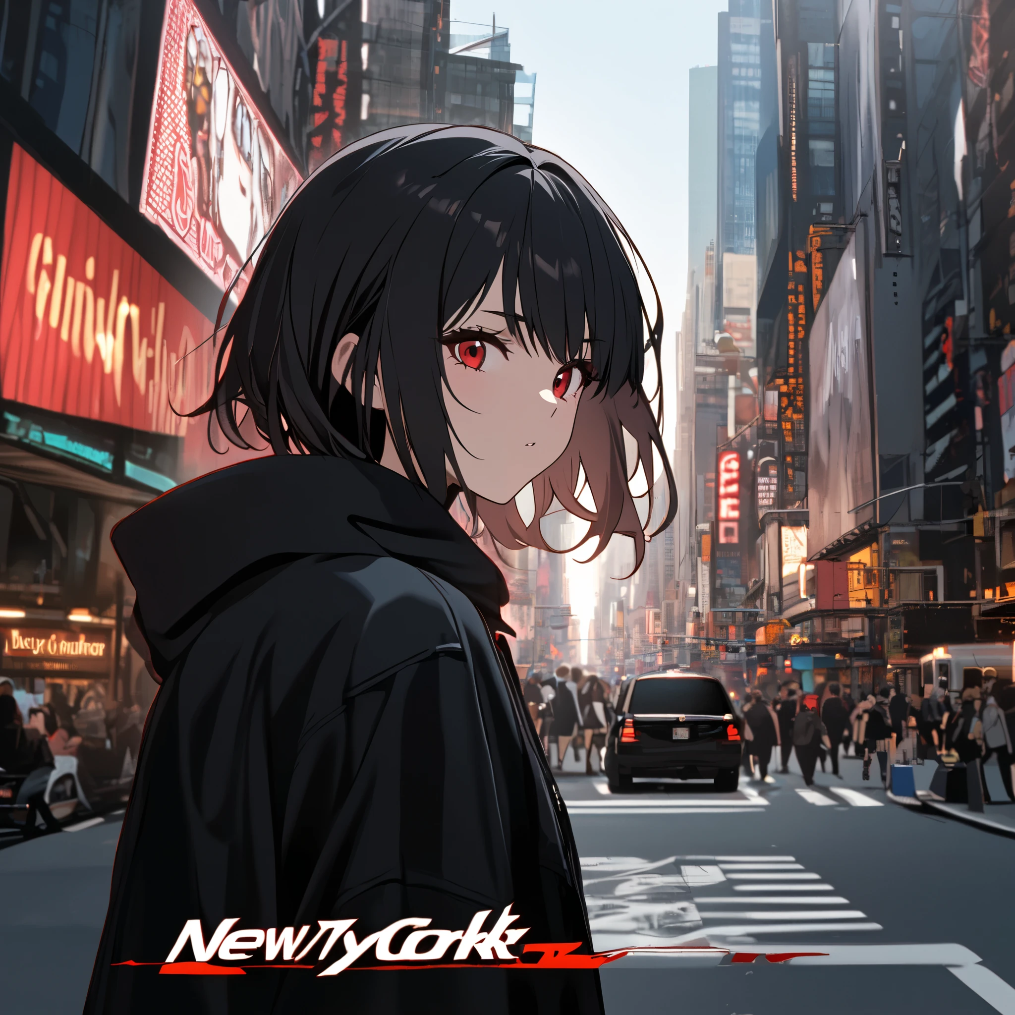 One girl, Black Hair, Shortcuts, Red eyes, Black clothes, New York