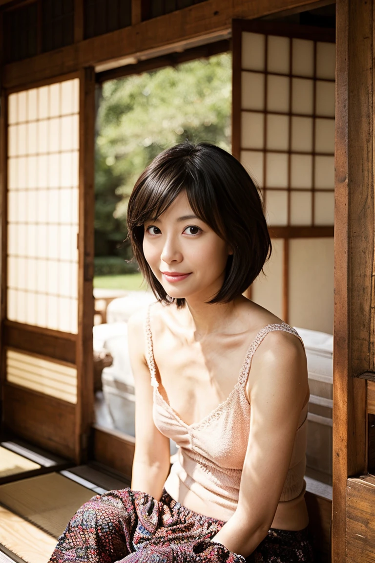 ((top-quality、8K、masterpiece:1.3))、One lady、((50 years old、shorth hair、Very small breasts:1.2))、(?????? kissing face)、closeness of face、Delicat eyes、Single eyelid、Kamimei、traditional Japanese room, Japan Woman Photography、(Large tank top、A:1.1) a necklace、tokyo prefecture、fetal position、(selfee、Looking at the camera)、signora、aunty