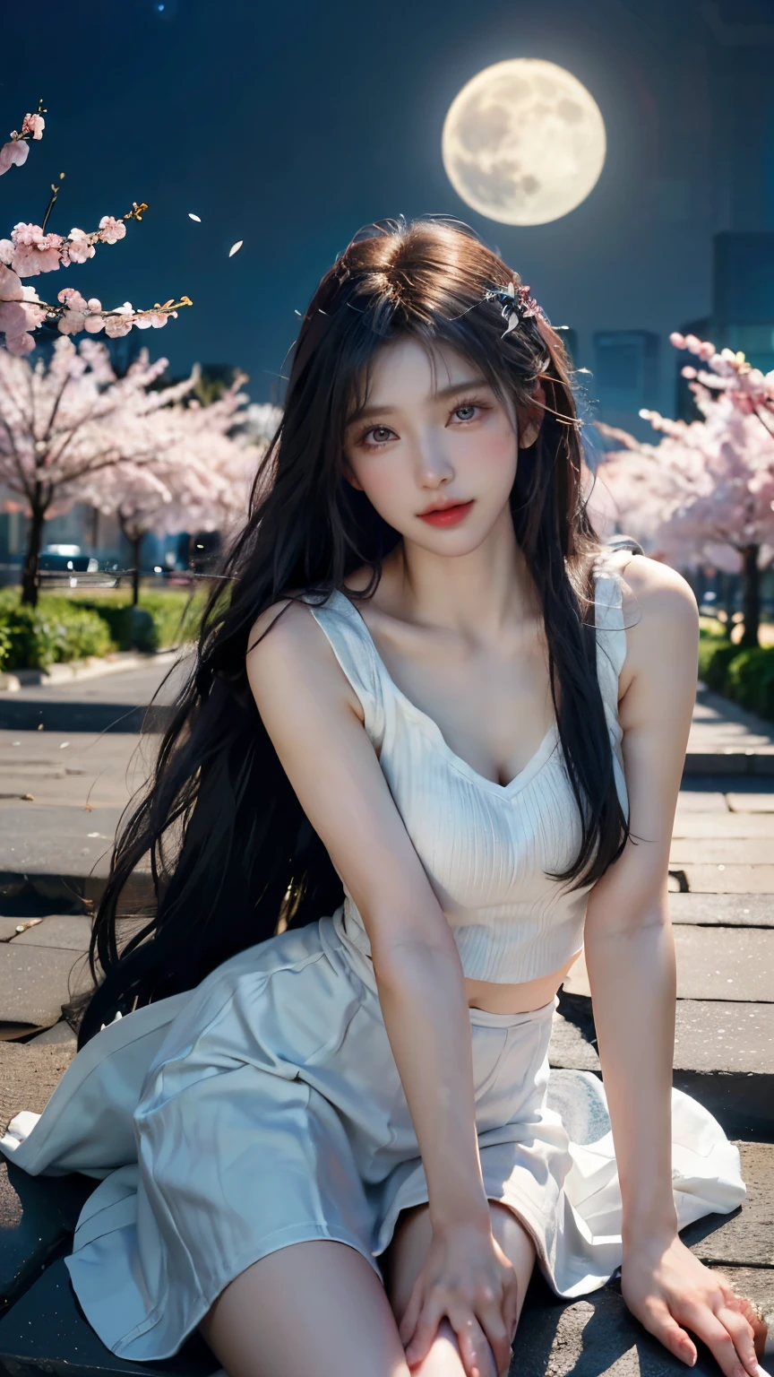 ( logo , masterpiece, 8k, Tabletop, RAW photos, huge , Top Quality, realistic and High quality 디테일 CG integrated 8k wallpaper, High quality, High quality 디테일, particle effect , Dynamic Effects , border depth , Movie lighting, Lens Flare, ray tracing , with pale golden eyes )), (( 1 Beautiful Woman , silvery long hair , beautiful face, Real face, beautiful, clear eyes, beautiful skin )), ((night, , Blue full moon , night sky, cherry blossoms, cherry blossomss, Falling Petals , Flying petals)), beautiful eyes
