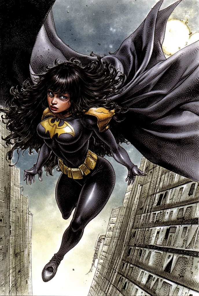 Night Lady, a Marvel Comics-style Marvel villain, with the gift of controlling shadows and darkness, hair black as night, eyes bright like the full moon, tight black suit, stealth skills, combat, invisibility, illusory projections and bursts of dark energy in a microbikini