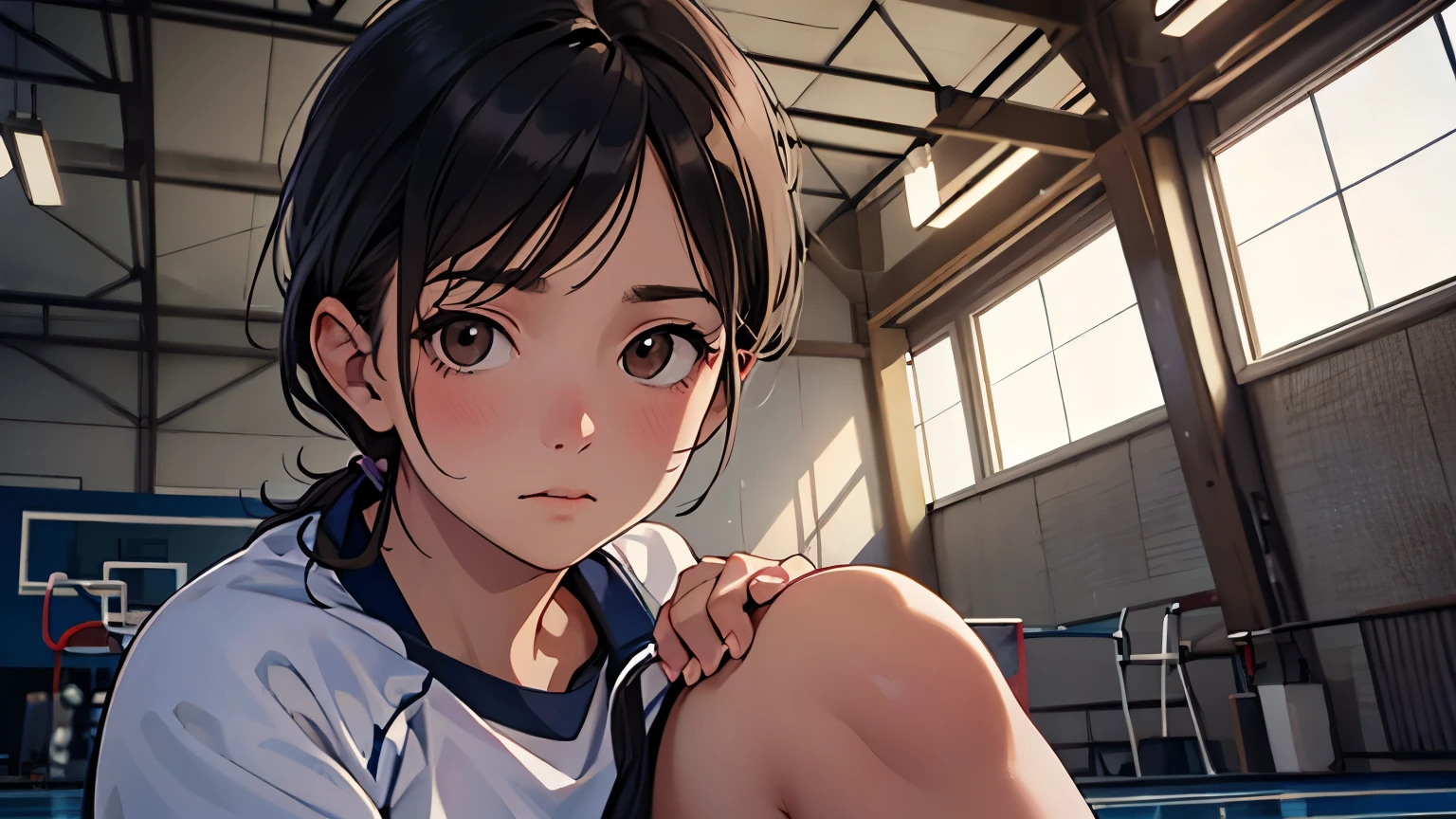 realistic gothic digital art portrait with water(((Top Quality))), (((Masterpiece))), (((Detail))), One girl, standing in gym, volleyball uniform, elbow supporter, knee supporter, black medium hair, dark brown eyes, shy face (0.5)