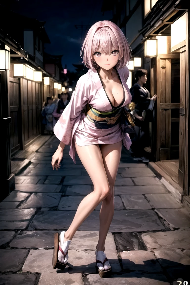 full body, masterpiece, Best quality,2d animation, 1girl,Sakura Haruno,small breasts, Off-the-shoulder attire,Raised sexy,shy,smile,pink hair,short hair,(Green eyeballs:1.4), Forehead protection, ondoors, standing, naked, sandals, ((dark atmosphere, night time))