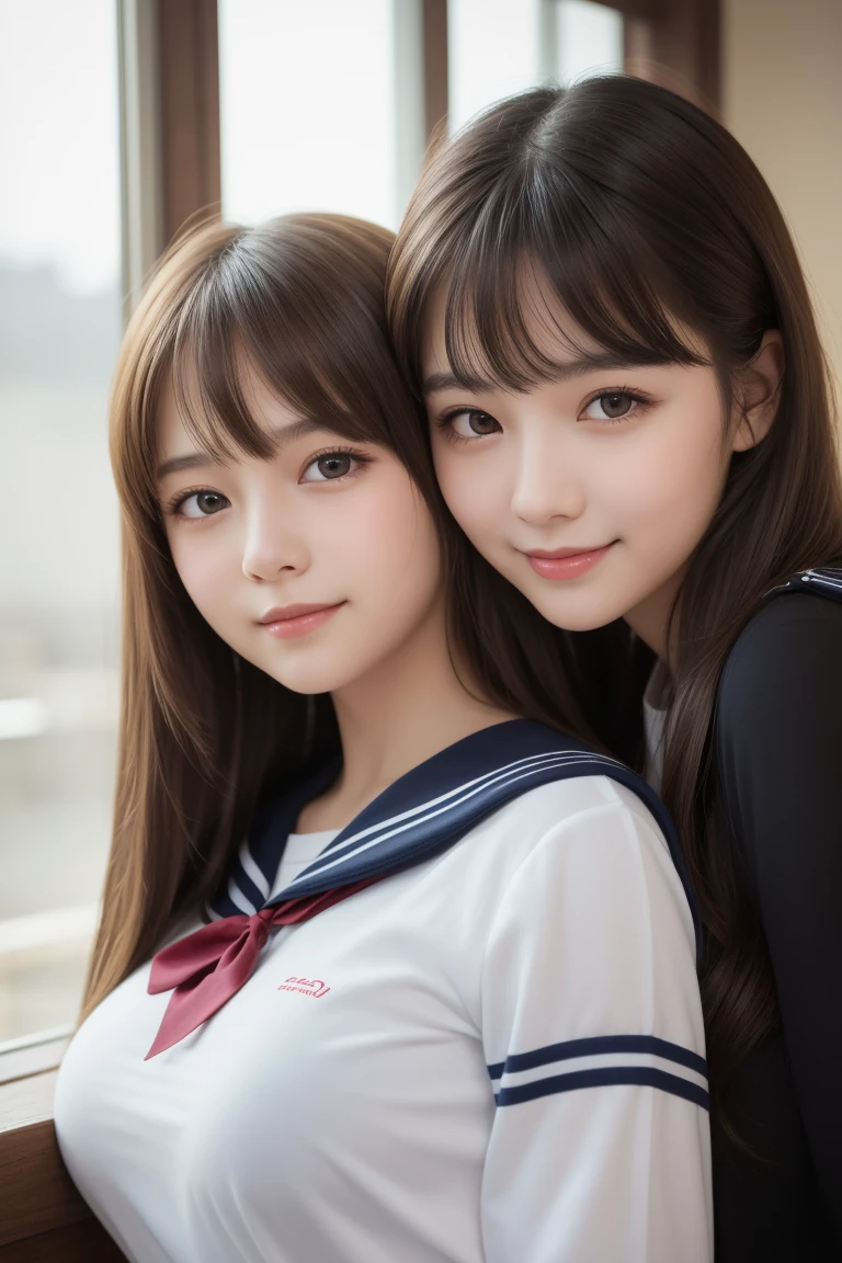 (In 8K、Raw photo、highest quality、masterpiece:1.2)、Ultra-detailed、Ultra-high resolution、(Realistic、real photography:1.47)、（Two women standing close together）Realistic女性、Details that could be mistaken for a human、Very realistic、Hyperrealism j、From above、Camera from the sky、From above見たカメラアングル、I look up and see this、Women holding hands、Hand in hand、High-quality images taken from an aerial camera、Luxurious linen on board、（Very beautiful lighting）Head to waist、White skin、color白の女性の校正、Ultra HD、Beautiful woman proofreading against the light、Incredibly detailed、Highly detailed beautiful girls、Faces with various patterns、Different face patterns、Each hairstyle has its own characteristics、color々Hairstyle、color々きれいな光に輝く髪color、光に輝く茶colorの髪、One of them has a ponytail、、Modern cute 、Highly detailed face、Highly detailed eyes、Very realistic skin、 Highly detailed fingers, Highly detailed nose, Highly detailed mouth, Perfect ???????, Very elaborate sailor suit、、The details of the hair and uniform are clearly expressed.、Show me your teeth、Realistic body, White skin, Glowing Skin, The body is slim, Straight long hair, (Blunt bangs:1.2), , nixeu and sakimichan, Tweiss, Seifuku, sakimichan, JK Uniform, Wearing a Japanese uniform, Promotional Steel, Larisa Manovar, Japanese , Japanese Girls , Alena Aenami and Lilia Alvarado