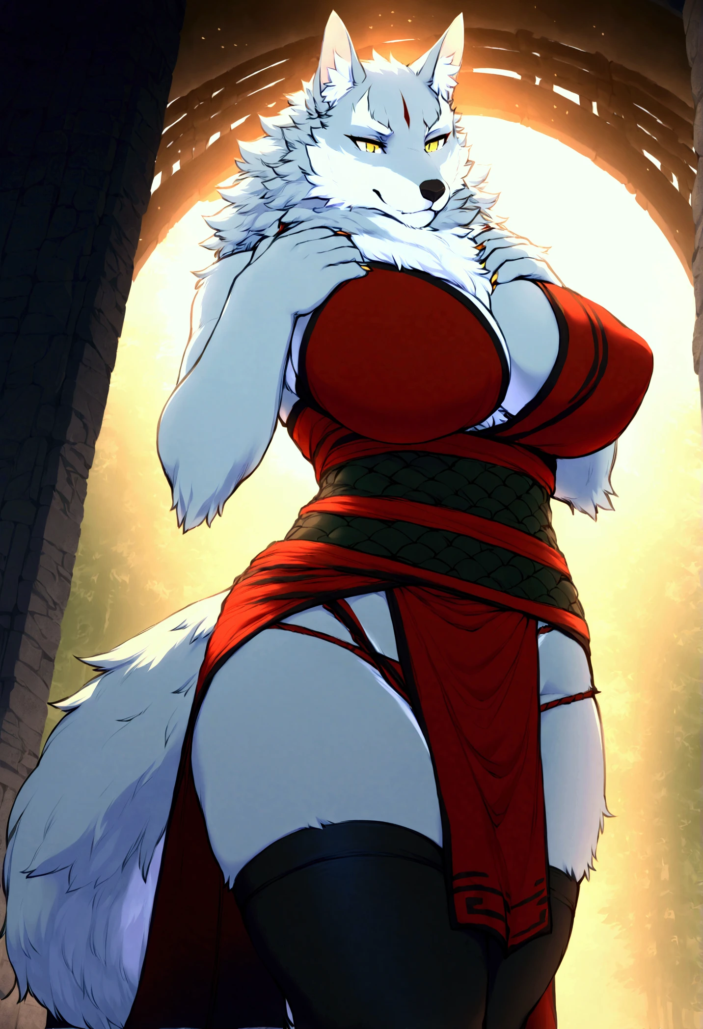 best quality, best resolution, (fluffy anthro furry), arctic fox girl, silver hair, blue eyes, (white fur), long straight hair, big breast, sophisticated manner, (wrapped up like a mummy in red wraps), sitting, lavish bedroom, night