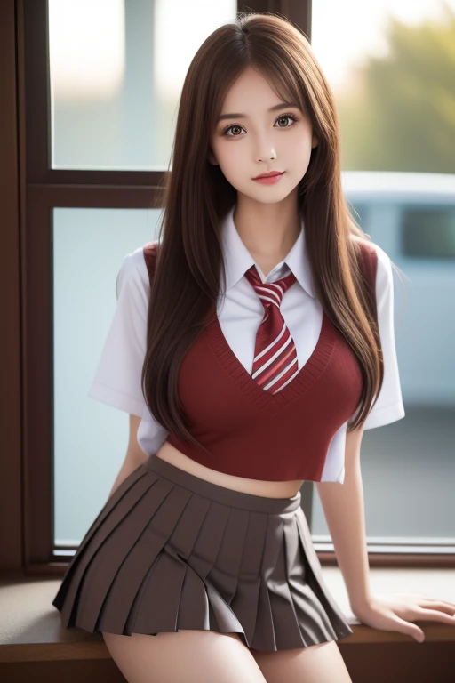 ((Highest quality, Tabletop, Ultra-high resolution、The most complex and detailed depiction))、(Bright lighting:1.1)、(Beautiful woman:1.1)、(Very light wavy hair:1.5)、(voluminous ponytail:1.5)、((high school girl)),(((Collared short-sleeved shirt, White shirt, school uniform, pink plaid pleated skirt, tie)),((Ultra-short micro mini skirt)),((Black Loafers)), (Sexy pose:1.5),Best smile:1.5,Full Body Shot:1.5,Gray background:1.5,Blonde wavy hair:1.8,Random Blonde:1.8,Curly Hair:1.8,Long Hair:1.5,sleek bangs:1.8,Large Breasts:1.2,gal,Sunburned skin:1.9,Thin fingers:1.5,The whites of the eyes are clear:1.8,Centered:1.5,(Tall:1.9,The legs are thin and long:1.8)、Perfect Makeup:1.3、Natural Lip:1.3、Dark eyeshadow:1.6、smile:1.8,((Upper Body Shot)),