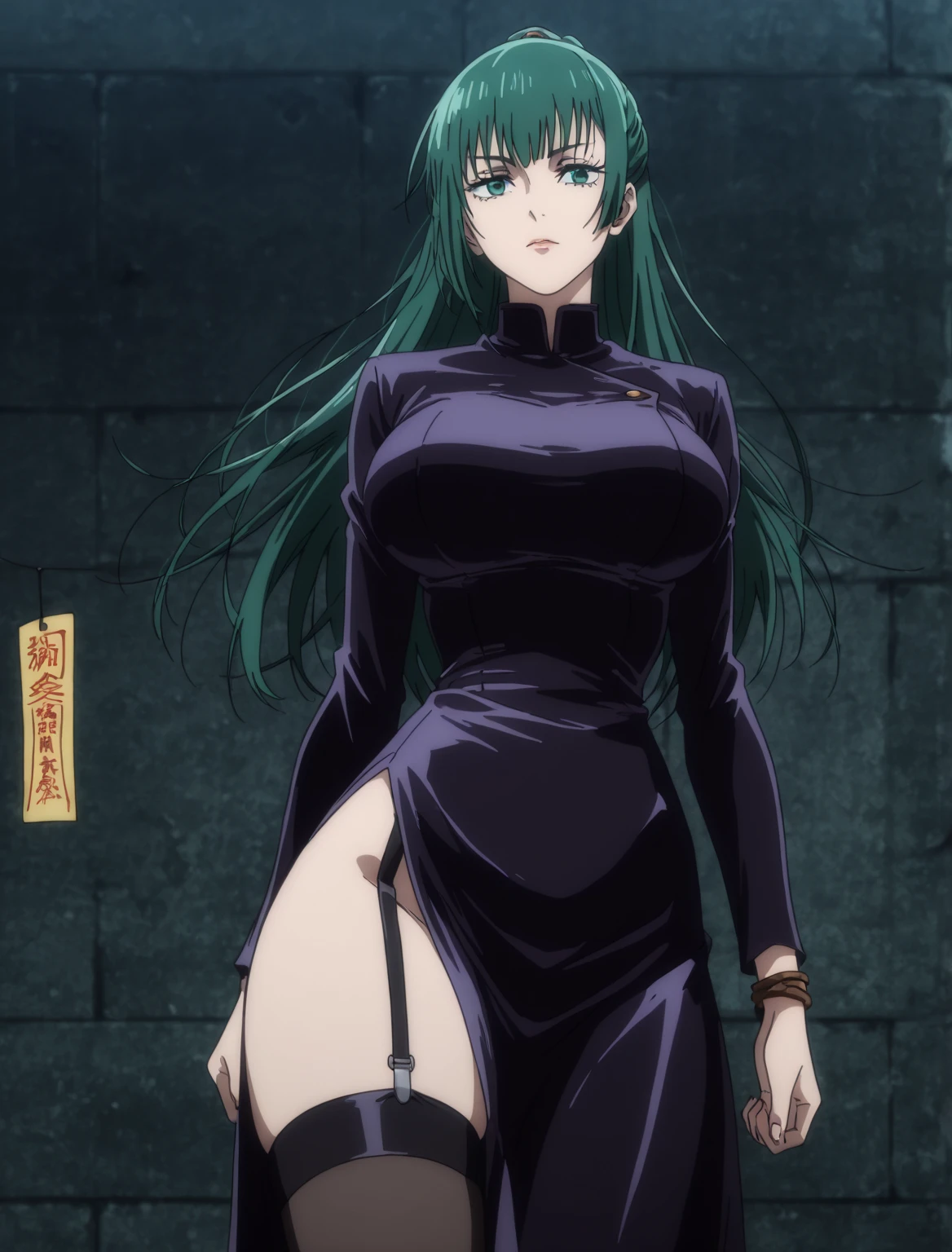 She is a promiscuous person, Mean, slutty,big breasts beautiful,Indecency,Mature super lesbian,Wear ultra-high-end sexy skinny robes,Extremely lewd lesbian bitch style robe。Her whole body wrapped tightly around it。,A piece of paper is compact and eye-catching。She has white and green crossed hair,Long white-green hair,Bangs are particularly long,Completely covered her eyes, No one can see the eyes,It gives a mysterious feeling。 The curves of her body are very beautiful and advanced,Perfectly displayed under the uniform of a bitch。Especially her elegant mature ass is wider than her shoulders,It gives an irresistible appeal。The whole body of a plump mature woman like a saint is wrapped in a white-green substance,Able to cling to her skin,Highlight her charming curves。The main body color is pure white,It symbolizes the path of depravity and obscenity,Harmonizes with the robes that female dogs usually wear。 Skinny leather cuffs、The green trim at the neckline and hem adds a touch of vitality and dynamism to the whole,It breathes a touch of life into the bitch's clothes。This skinny robe fits perfectly,It can highlight the contours and graceful lines of the sexy body,Often sexually harasses other women like her,((masterpiece)), (((best quality))),((((bangs that completely cover the eyes.)))),
a beautiful yet timid woman descends silently. Cloaked in a supremely exquisite Death's attire, she envelops her delicate figure in a superlative, form-fitting leather suit, radiating a mesmerizing charm and an aura of mystery.
Her long, cascading tresses, a captivating blend of white and green, flow like a waterfall, veiling her eyes from sight. The lush strands that hang beneath her fringe completely conceal her deep, enigmatic gaze, impervious even to the sun's rays, leaving her hidden secrets locked away behind an impenetrable veil.
This mature and incredibly fragile woman stands as a distinguished representative in the realm of death, wielding extraordinary intellect and unparall