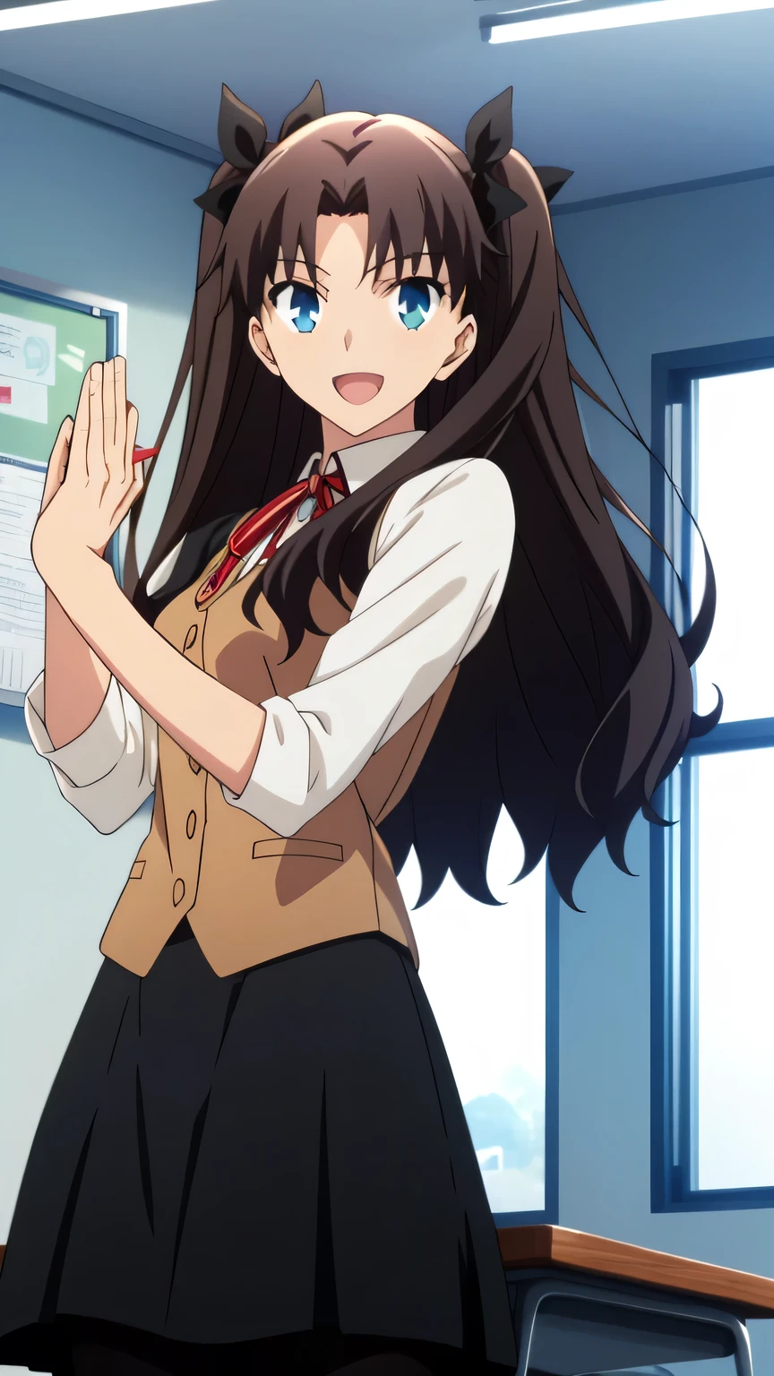 {{{masterpiece}}}, (best quality:1.5), (ultra-detailed:1.5), {illustration}, {{an extremely delicate and beautiful}}, (beautiful detailed eyes:1.6), absurdres, highres, extremely detailed face, 16k, hd, visual anime de uma jovem mulher, extremamente bonito rosto de anime, anime melhor garota, (perfect hands, perfect anatomy), anime face, Tohsaka Rin(Fate/stay night), ChopioTohsakaRin, 1girl, solo, cute face, black hair, long hair, two side up, parted bangs, black hair ribbon, round face, big eyes, aqua eyes, (High resolution eyes, Beautiful eyes, Light in the eyes), medium breasts, big hips, curvaceous, BREAK, outfit_1, brown vest, open vest, white shirt, collared shirt, neck ribbon, black skirt, pleated skirt, (long skirt:1.3), black pantyhose, BREAK,1girl, cowboy shot, open mouth, kyoushitsu, classroom, indoors, school chair, school desk, chalkboard, window, ceiling light, curtains, smiling, peer in from below, looking at viewer, daytime, flushed cheeks
