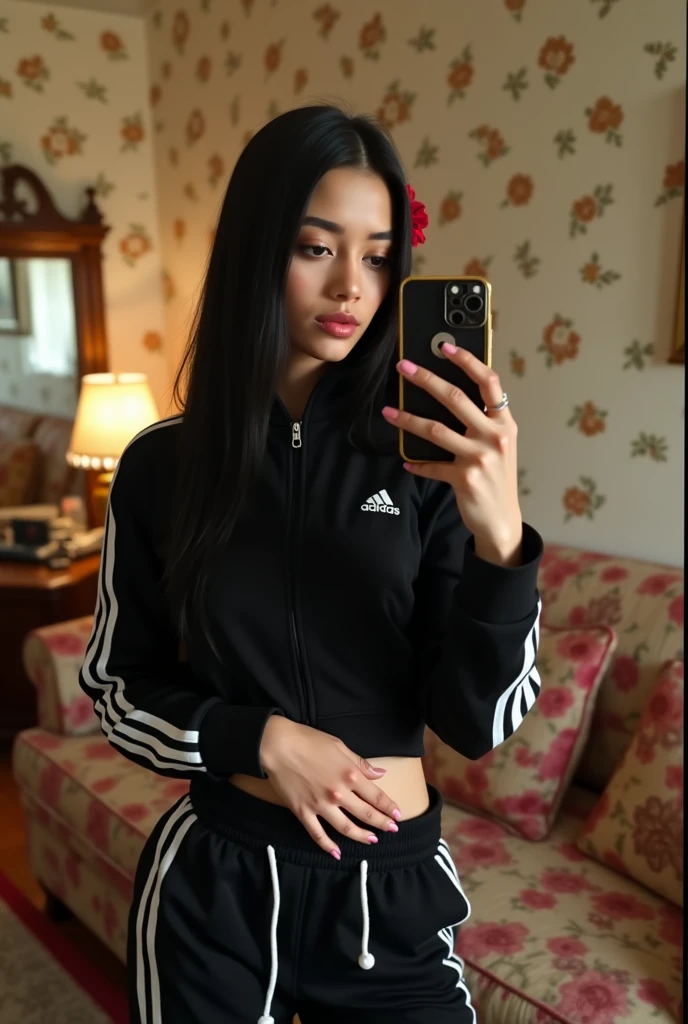 there is a woman sitting on the floor taking a photo of herself, green background, aesthetics, a girl taking a photo in the mirror in her room, make sure she is very beautiful, she has a realistic skin texture and a fit and well body toned, slightly large breasts, sexy, big ass. ultra hd quality