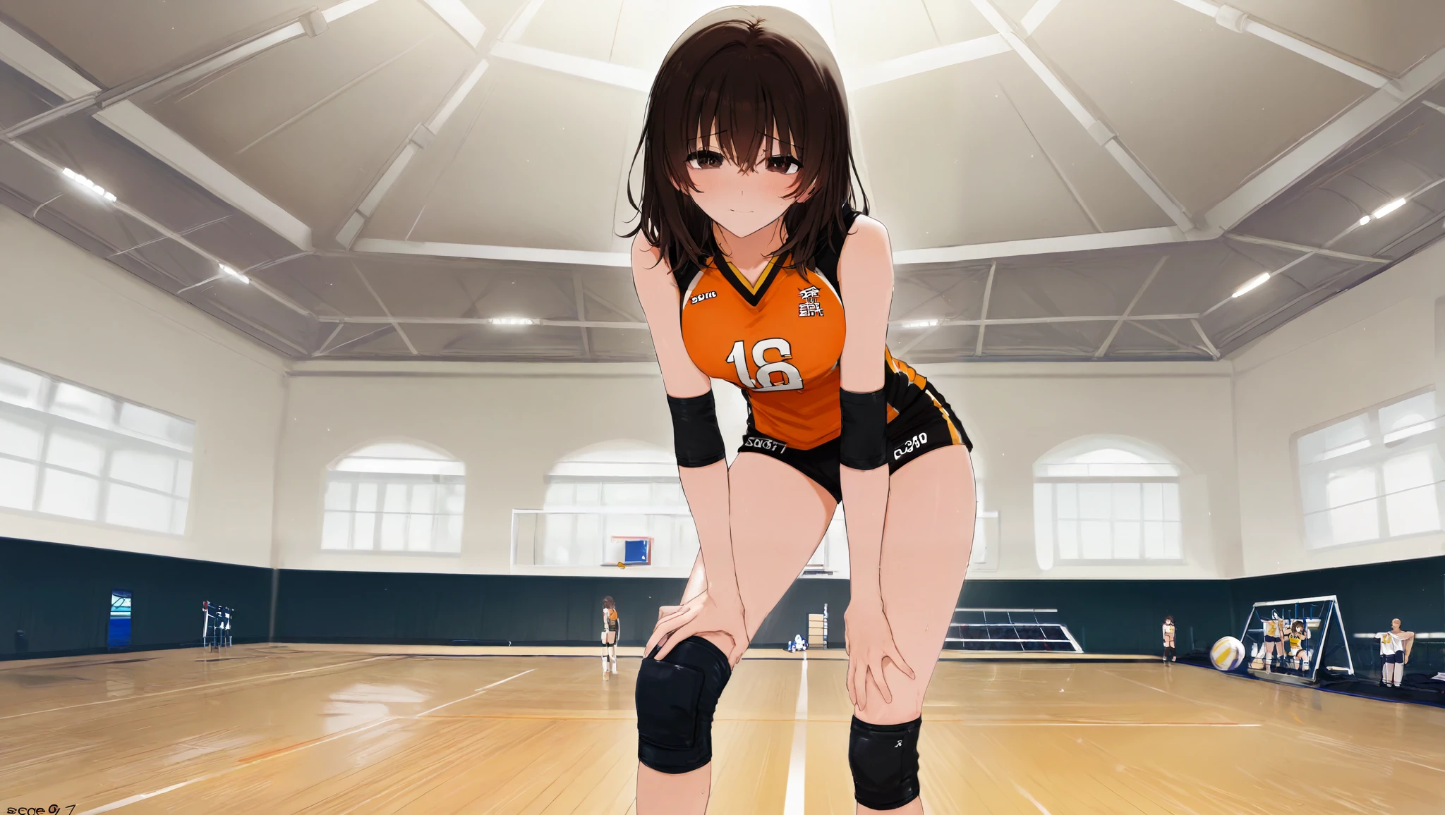(((Top Quality))), (((Masterpiece))), (((Detail))), One girl, volleyball uniform, standing in gym, elbow supporter, knee supporter, black medium hair, dark brown eyes, shy face (0.5)
