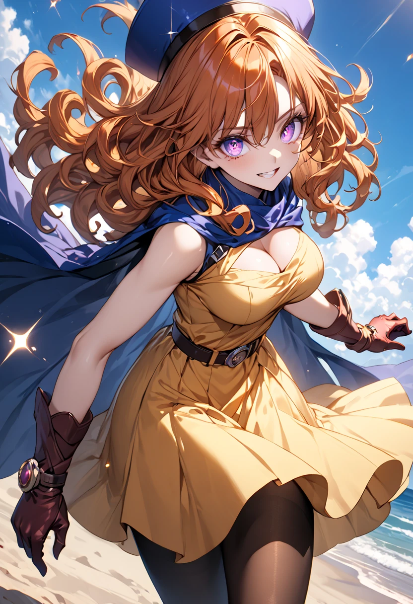 1 girl、High resolution、masterpiece、(alena、dq4-alena、Orange straight hair)、low length、Thin thighs、Thin legs、Small shoulders、slender、Muscular、(Dresses wide open、Cape、Slit Skirt、Wide open slit、No underwear、Underarm、Flanks are visible、Side bust)、Night Grassland