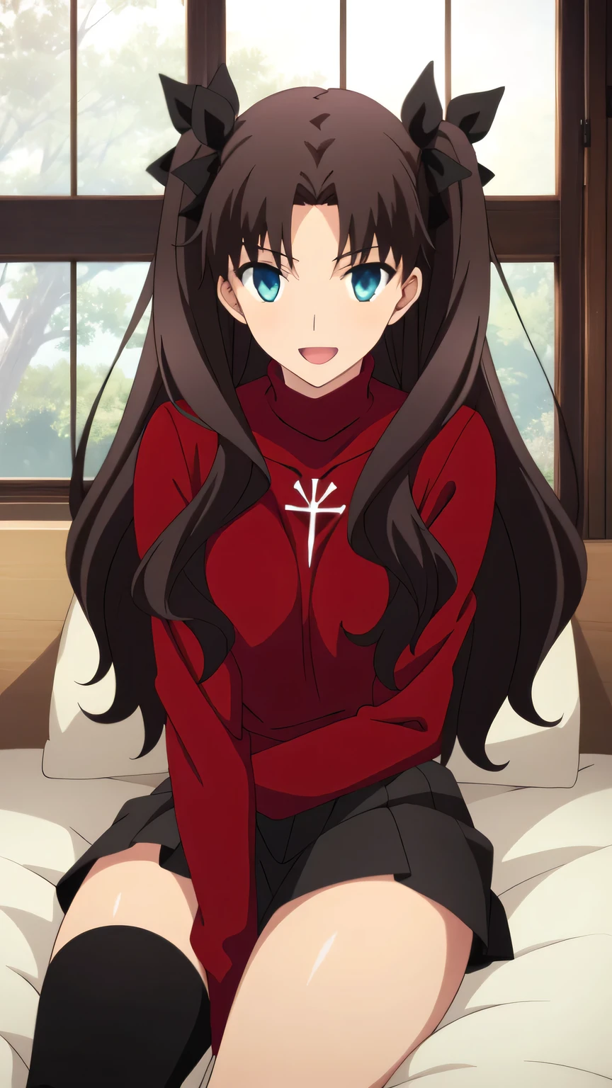 {{{masterpiece}}}, (best quality:1.5), (ultra-detailed:1.5), {illustration}, {{an extremely delicate and beautiful}}, (beautiful detailed eyes:1.6), absurdres, highres, extremely detailed face, 16k, hd, visual anime de uma jovem mulher, extremamente bonito rosto de anime, anime melhor garota, (perfect hands, perfect anatomy), anime face, Tohsaka Rin(Fate/stay night), ChopioTohsakaRin, 1girl, solo, cute face, black hair, long hair, two side up, parted bangs, black hair ribbon, round face, big eyes, aqua eyes, (High resolution eyes, Beautiful eyes, Light in the eyes), medium breasts, big hips, curvaceous, BREAK, outfit_2, red sweater, turtleneck, cross, long sleeves, (sweater tuck out:1.2), black skirt, pleated skirt, (micro skirt:1.2), black thighhighs, thighs, zettai ryouik, BREAK, night, indoor, bedroom, on the bed, window, moonlight, open mouth, smiling, confession, embarrassed, flushed cheeks,from front, looking at viewer, dark room, covering chest by one hand, knees together feet apart, sit