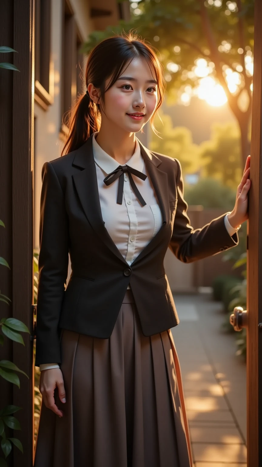 School uniform, shirt, blazer, ribbon tie, skirt, school, corridor in front of classroom, 8K RAW photo, high resolution, 15 years old Korean, very big round breasts, beautiful eyes in detail, long eyelashes, beautiful double eyelids, eyeshadow, eyeliner, cut eyes, elongated eye shape, Sanpaku eyes, dark eye makeup, evil smile, beautiful thin legs, random short hair, hair tied behind the head, earrings, bright brown hair,
