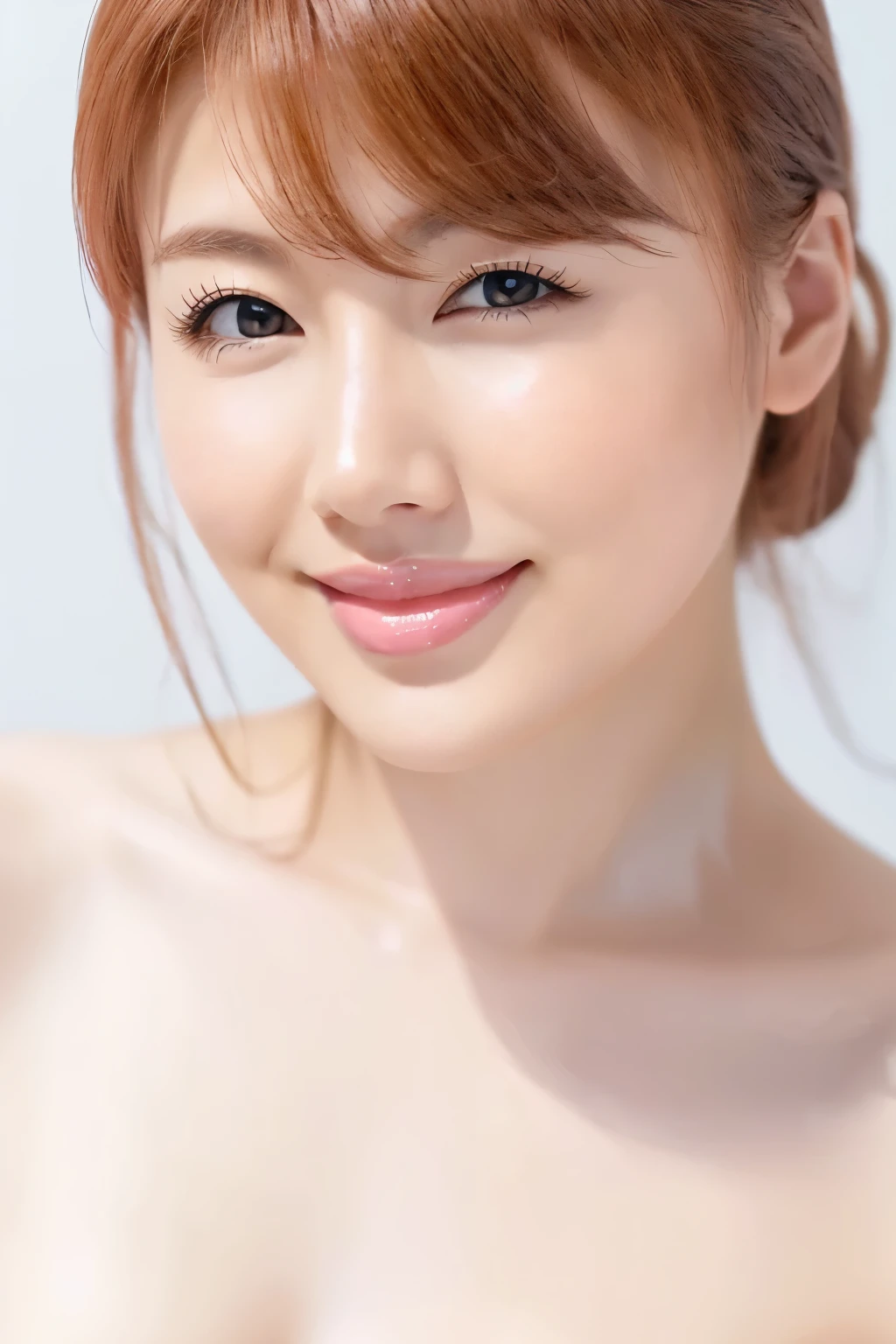 ( table top、 top quality、8k、 Award-winning work 、Ultra-fine)、 one woman、 50 years old、( face close-up:1.35)、 ( nudes:1.4)、 perfect beautiful face in a private house、( pure white solid color background :1.2)、 upright position、Standing elegantly、 best smile 、 glossy lips