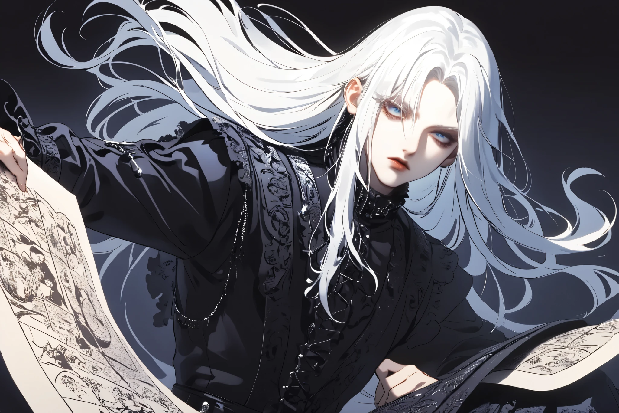 The man with white hair, pale skin , blue eyes, solo, Long hair, jewelry, masterpiece, high quality, Contemptuous look , Strictness, Dutch corner, Shine, background defocus, Fluorescence, ray tracing, illustration, Gothic, dark magician, The Magic Tower, black magic , spell map , white hair, dynamic pose
