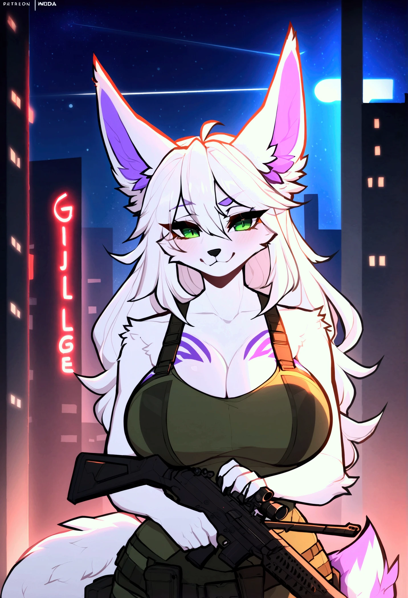(Solo:1.2), (extremely sexual:1.2), (heavily tattooed:1.2), (rabbit furry:1.4), cute rabbit nose, gorgeous, heavy makeup, big beautiful eyes, lipstick, (rabbit tail:1.2), (brown skin:1.4), (brown fur:1.3), (silver hair:1.4), (black dress:1.4), (flat chest:1.3), tall, muscular, toned body, thin waist, wide hips, thick muscular thighs, beautiful smile, in city streets, nighttime, leaning against a railing by the river, neon lights, (masterpiece, high resolution, ultra detailed eyes, ultra realistic, beautiful lighting, 4K, 8k, highly detailed)