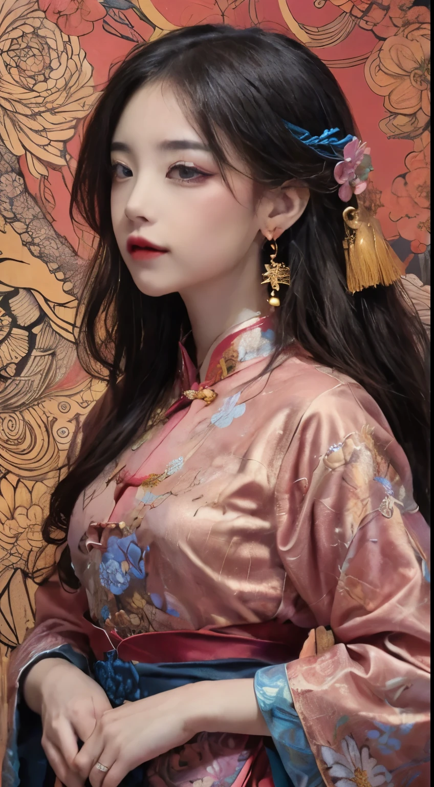 (masterpiece, top quality, best quality, official art, beautiful and aesthetic:1.2), (1girl:1.3), extremely detailed,(fractal art:1.1),(colorful:1.1)(flowers:1.3),highest detailed,(zentangle:1.2), (dynamic pose), (abstract background:1.3), (chinese Traditional cloth:1.2), (shiny skin), (many colors:1.4), ,(earrings:1.4),