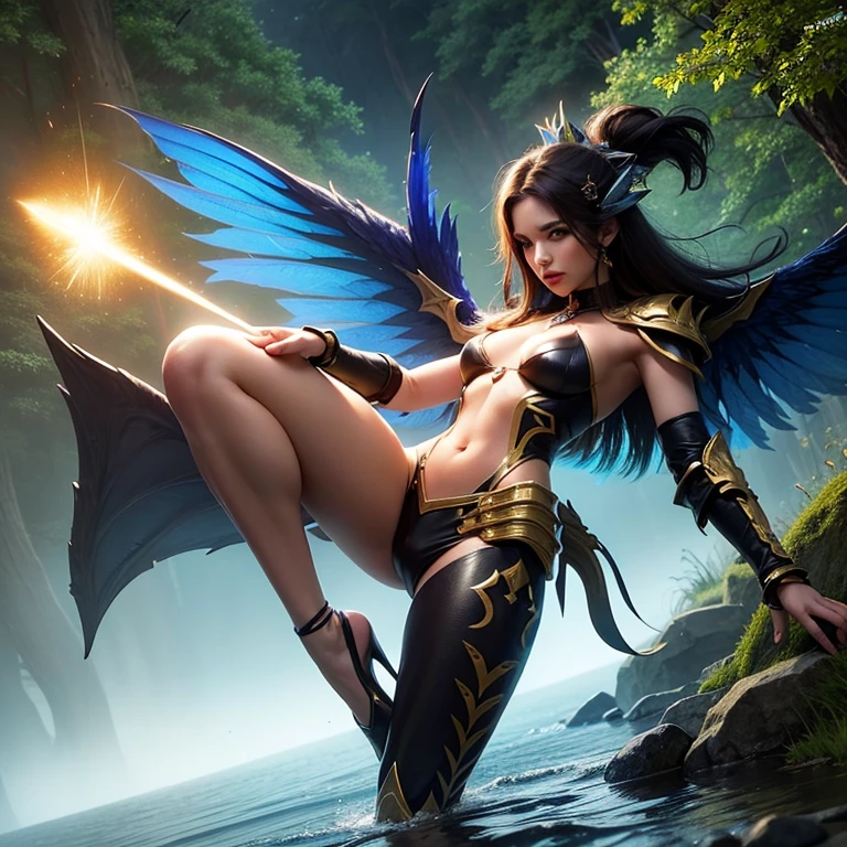 best quality, masterpiece, 1girl, solo, mireska dark willow, dota 2, dark willow, floating, flying, micro-bikini, side-tie thong, bare shoulders, smile, wings, full body, ingame model