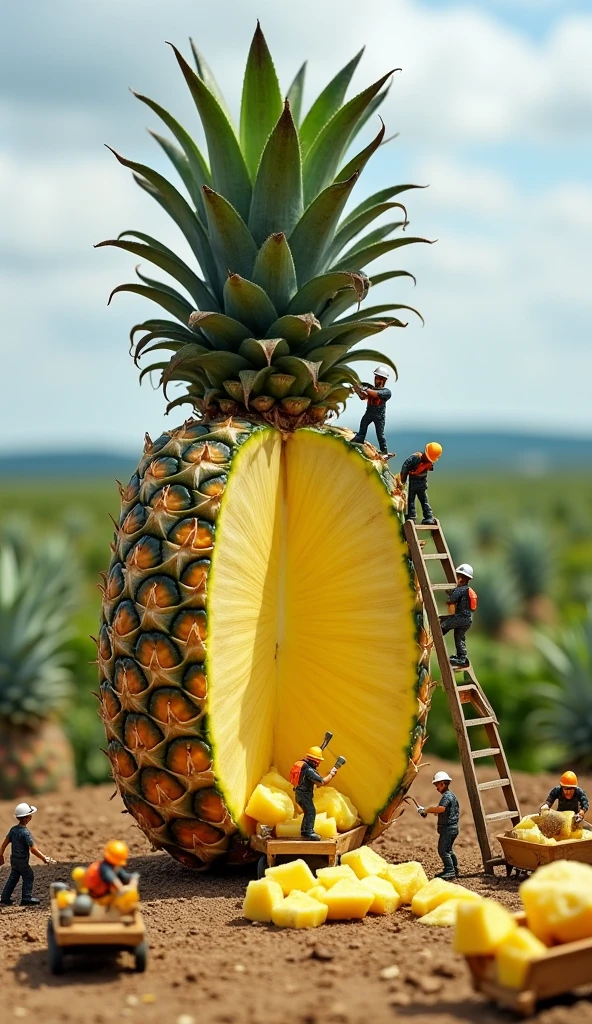 "In the middle of a vast pineapple plantation, a massive half-sliced pineapple stands as tiny human statues, dressed as construction workers, busily carve it apart. Some workers are on top, using knives, axes, and shovels to extract chunks of the fruit, while others climb a ladder leaning against the pineapple. Below, miniature workers are striking the giant fruit with hammers, breaking it into smaller pieces. Nearby, a group of tiny figures is pulling trolleys filled with freshly cut pineapple chunks. The scene is a whimsical and playful miniature world, blending agriculture with a lively construction site atmosphere, making it both fun and visually delightful."