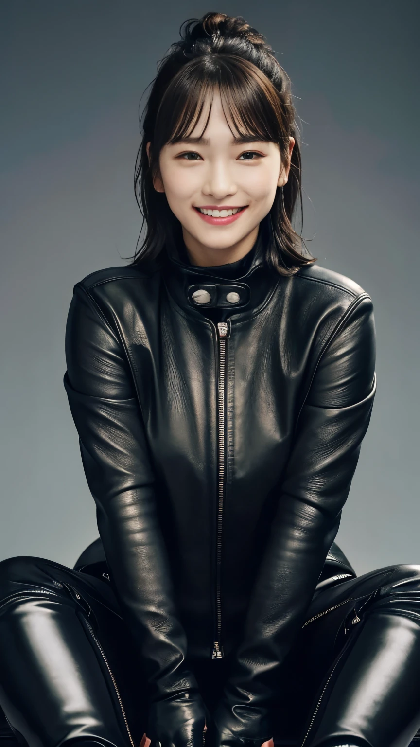 glossy black leather biker jacket, Black leather gloved fingertips on both hands,Wearing black leather gloves,Sitting in a black leather chair、 Japanese female new recruits (Black leather gloves cover both hands) (The angle is horizontal)、Black Leather Pants,Black Leather Black Leather Pants, black leather skinny pants 、very tight fit. Black long leather boots on both feet、 dark brown ponytail ((She wears black leather gloves on her hands))Full Body Photo, full body shot full body full body leather suit ,☺(Long boots plus leather pants boots in :1.4)、Full body shot from head to toe、very tight fit. If you turn in this direction。Wearing black leather gloves,Wearing black leather gloves,Wearing black leather gloves,Wearing black leather gloves,Wearing black leather gloves,Wearing black leather gloves,黒のレザーパンツが美しい😍黒のレザーパンツが美しい😍黒のレザーパンツが美しい,😍こちらを見ながら笑faceで微笑んでる,City lights、(Cyberpunk City Street:1.3))、 detailed lighting、
best image quality that holds your feet、 super high resolution、( realism:1.4)、Korean Beauty Star、The most beautiful KPOP stars、face、Horny Korean Makeup、A body that makes you want to touch it、Realistic leather texture、Costume made of smooth leather fabric、The drape of the curved parts of the leather fabric、The costume is very shiny、Quality of the costume、8K Photo Quality、(shy Smile:1.4)