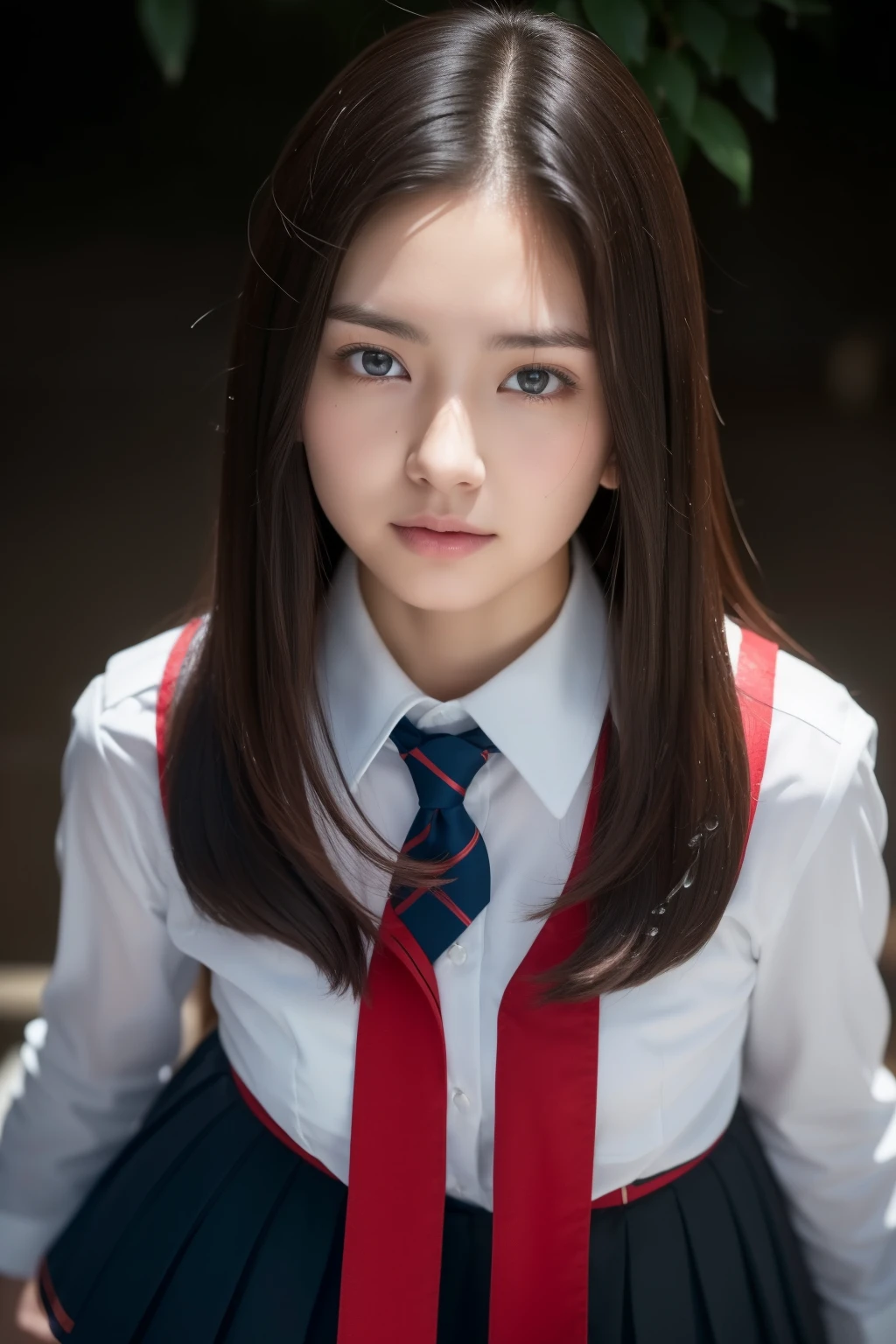 (((32k, high detail, high detail、masterpiece, Attention to Details , full-body lesbians,solo))), RAW Photo & realistic atmosphere, beautiful dark blue eyes ,Detailed mouth, glossy lips,Detailed eyebrows, soft white skin with carefully drawn eyes with every detail 、 blue eyes, very pretty eyes, detailed lips 、 very pretty face, well-groomed 、 lively face, beautiful shiny lips , Realistic young gravure idol showing top quality , very beautiful female student, , young sensual gravure idol , young gravure idol showing top quality , Beautiful and cute adult16 year old schoolgirl, full body wet,Drip Out, with a flashed face , Supergirl and Black Cat's Incredibly Beautiful , Sexy and classy16 year old girl, semi-long brown shiny hair, My Hair Is Wet ,Dripping Water,Drooping,( looking at the Camera :1.4),( darkness,Very dark, uses electric lights to illuminate subjects without light in a completely dark classroom:1.7),( sexy, healthy and toned body , HIGH DEFINITION HI-DEFINITION JAPAN HDTV BLACK HDTV HI-DEFINITION BLACK HIGH DEFINITION HI-DEFINITION HIGH DEFINITION UNIFORM, medium sized, well-shaped breasts,,mature body, I feel anxious and like crying,Watery eyes, cold smile,Glare,The staring face is also beautiful , High Resolution Arms ,,High Definition Fingers ,:1.5),( her chest is open in her uniform , high school student wearing an elegant black and red uniform 、Wearing black pantyhose 、 sexy脚を見せつつ、 is flipping through her skirt while feeling ashamed:1.7)