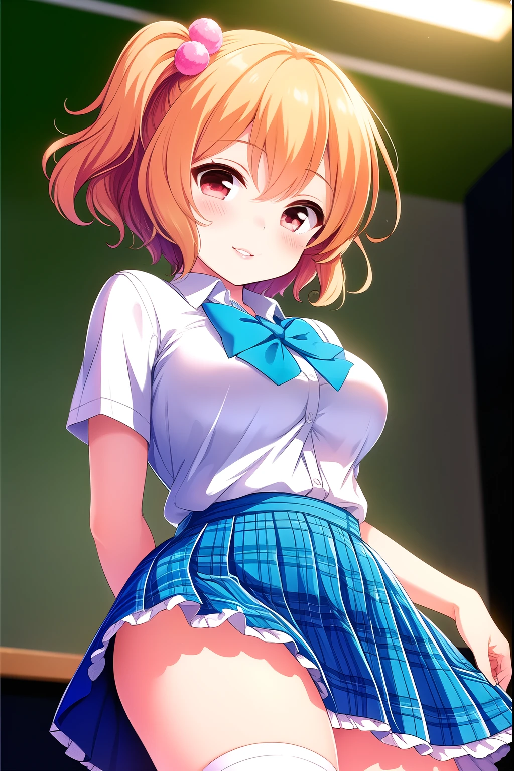 (Masterpiece, top quality), very detailed background, perfect lighting top quality, (( upper body angle)), (( angle from below)), (Arms behind your back:1.3), Tomura Michiru, Alone, indoor, school classroom, orange hair, One side up, hair bobble, hair between eyes, short hair, Red Eyes, medium boobs, Underboob、(Blue Bowtie:1.3), white shirt, Short sleeve, BLUE SKIRT , plaid skirt、、white thin thighs, ( White Knee Socks), school uniform, with a cheerful smile, 、blush, pink lips,